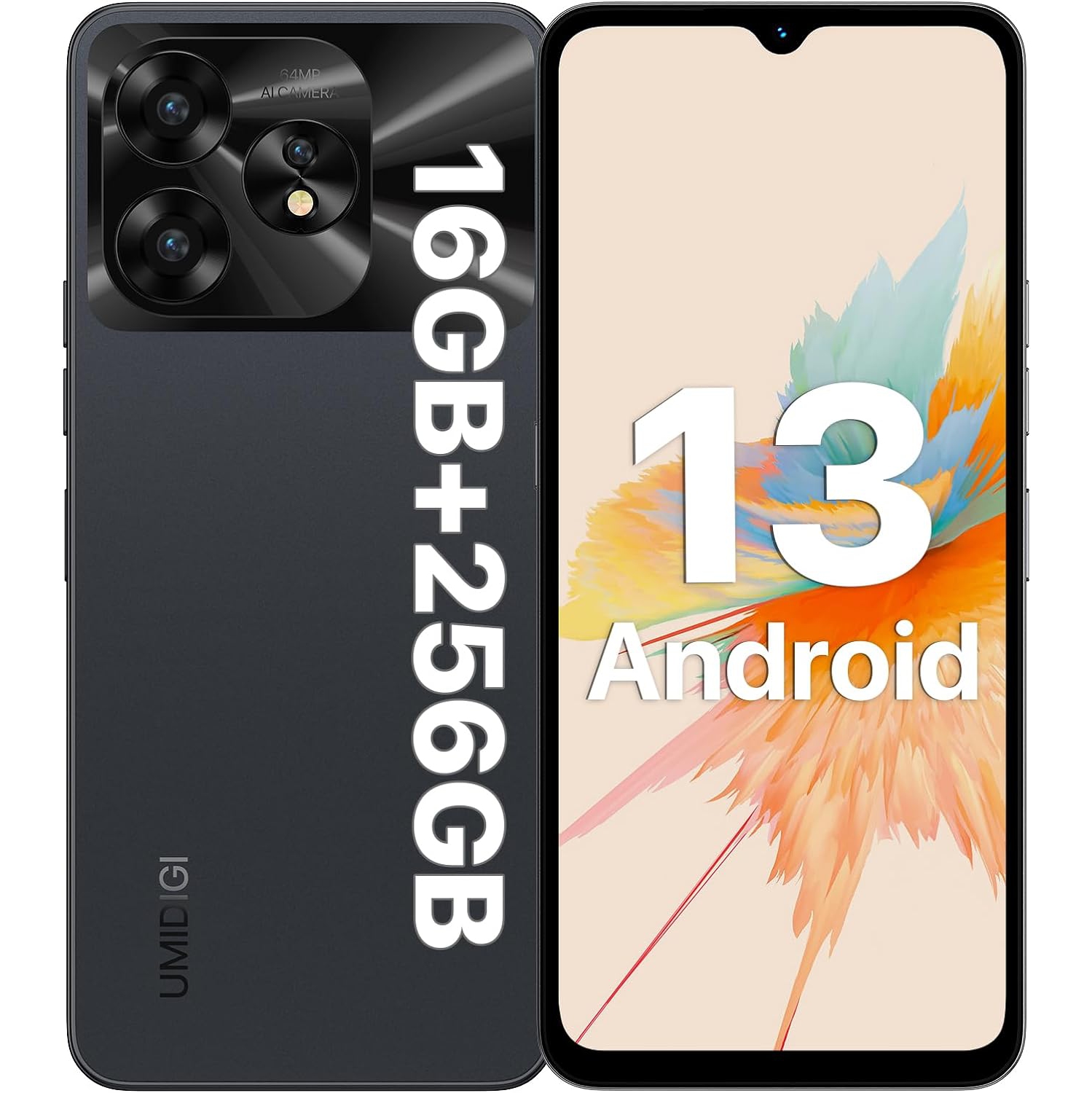 UMIDIGI A15 Cell Phone 8+256GB, Android 13 Mobile Phone, Dual Sim Unlocked - Black