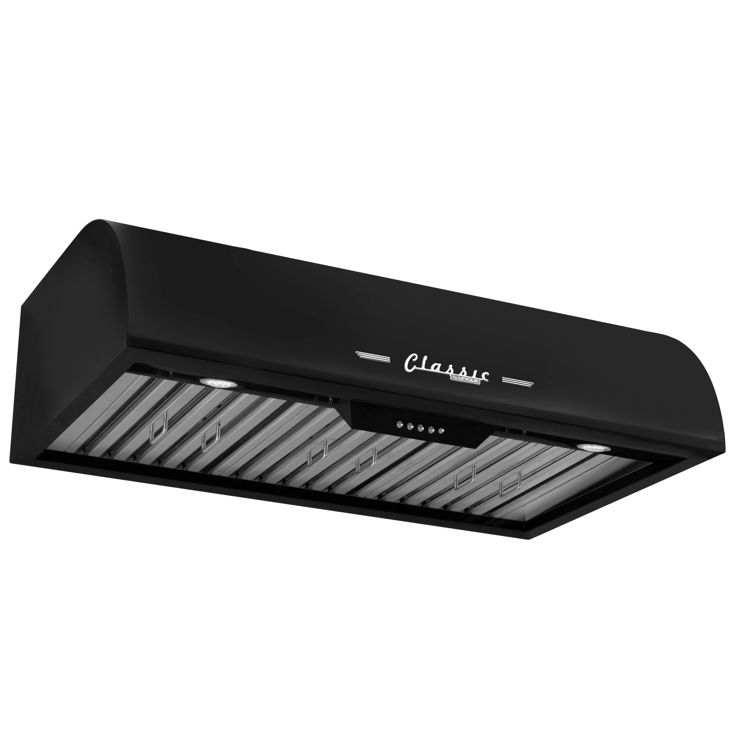 Cette&nbsp;hotte de dessous d'armoire de 36 po et 700 pi3/min avec éclairage DEL Classic Retro d'unique Appliances est noire minuit