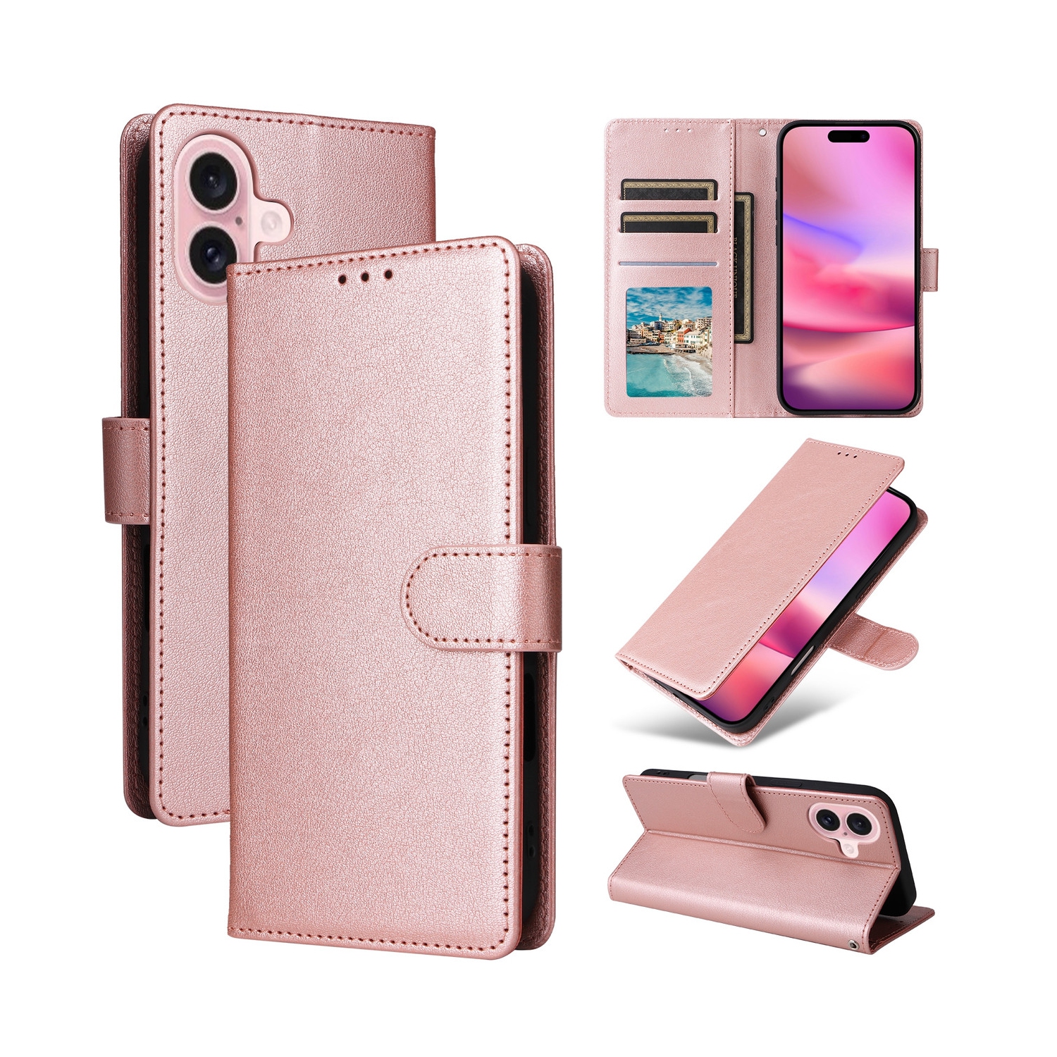 [CS] Magnetic Card Slot Leather Folio Wallet Flip Case Cover for iPhone 16 Plus, Rose Gold