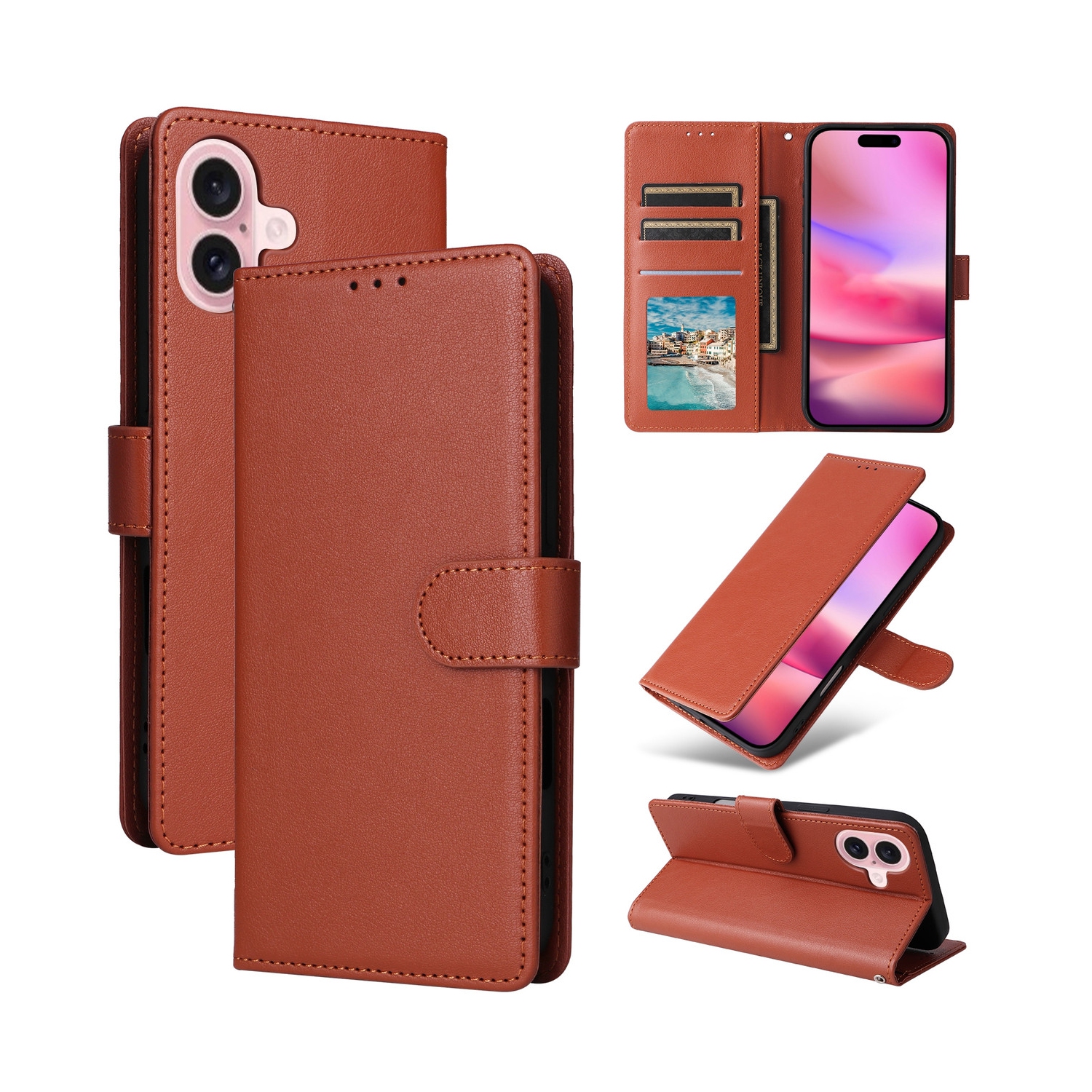 [CS] Magnetic Card Slot Leather Folio Wallet Flip Case Cover for iPhone 16 Plus, Brown