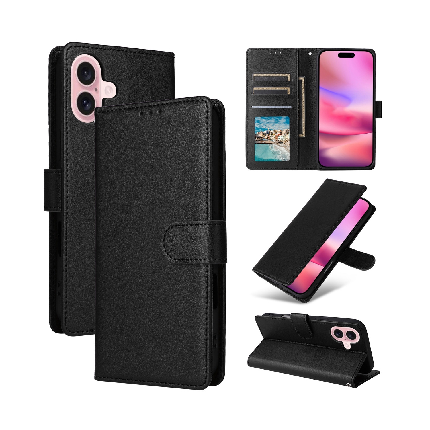 [CS] Magnetic Card Slot Leather Folio Wallet Flip Case Cover for iPhone 16 Plus, Black