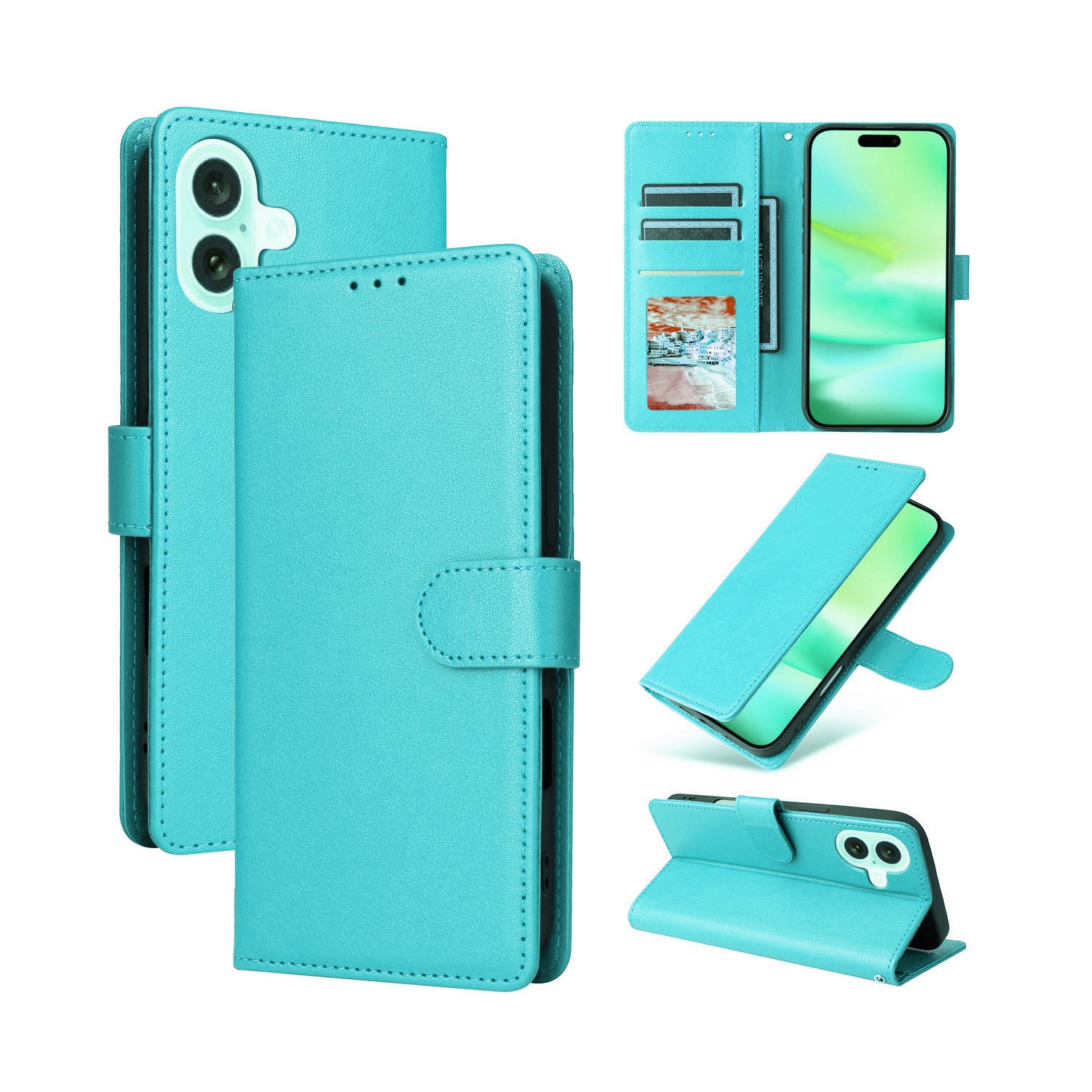 [CS] Magnetic Card Slot Leather Folio Wallet Flip Case Cover for iPhone 16 Plus, Teal