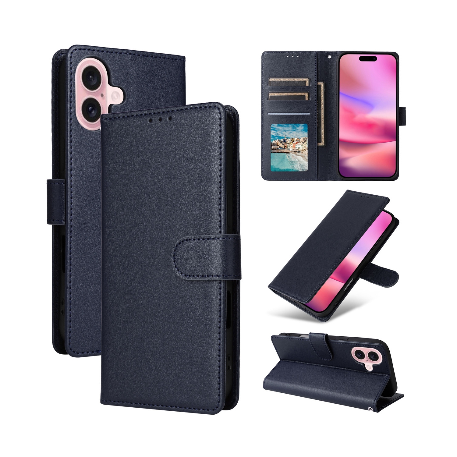 [CS] Magnetic Card Slot Leather Folio Wallet Flip Case Cover for iPhone 16 Plus, Navy
