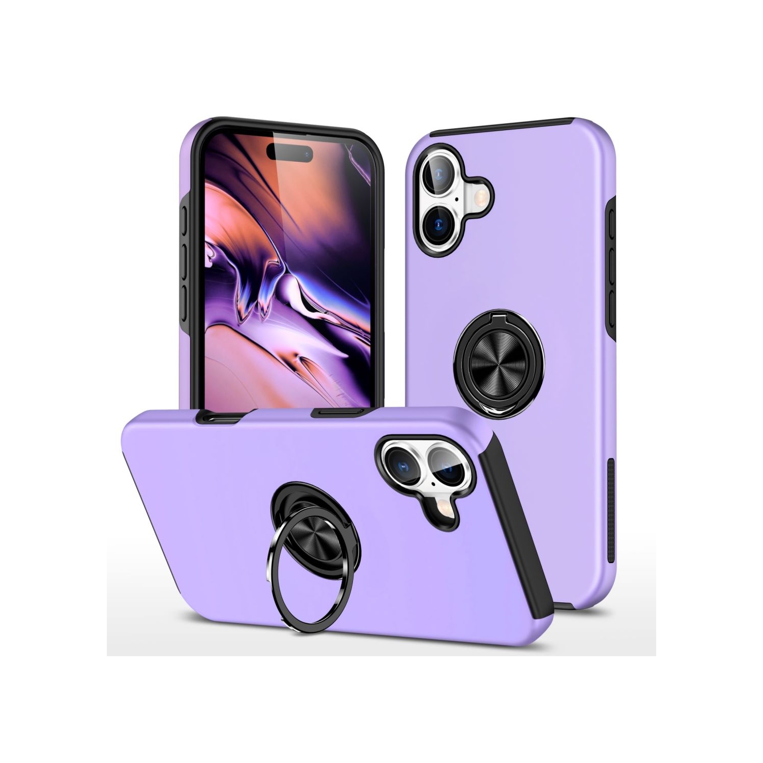 [CS] Hybrid Magnetic Kickstand Invisible Ring Case Cover for iPhone 16 Plus, Purple