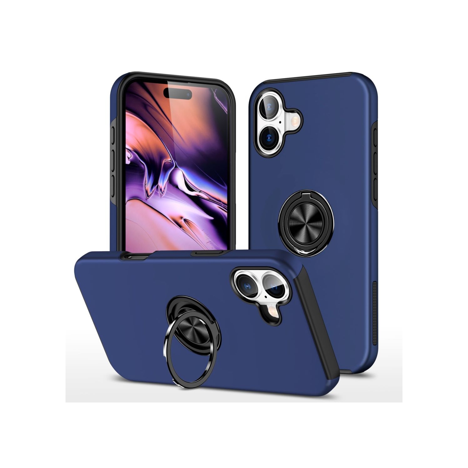 [CS] Hybrid Magnetic Kickstand Invisible Ring Case Cover for iPhone 16 Plus, Navy