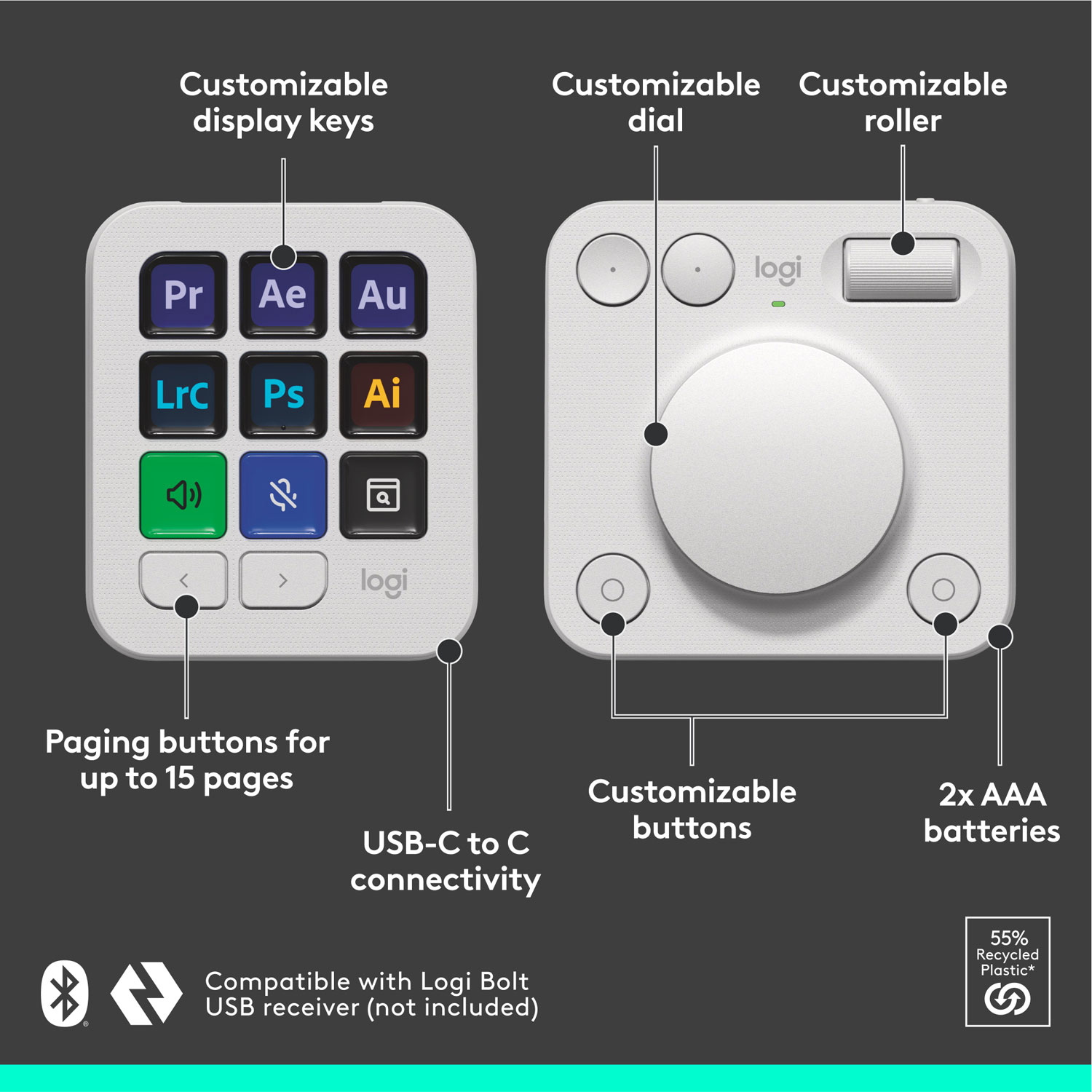 Console numérique programmable et molette de commande MX Creative de Logitech - Gris pâle