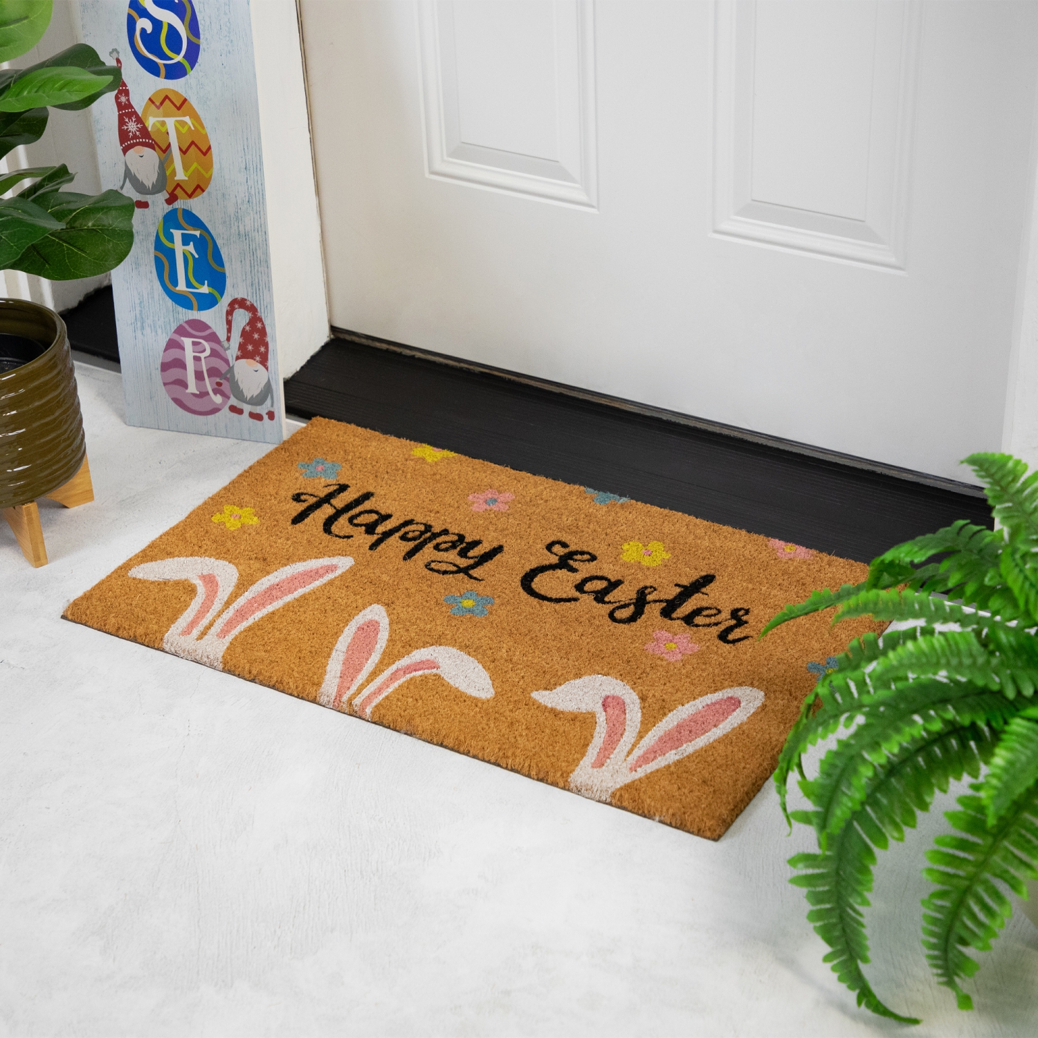 Tapis de porte extérieur Happy Easter Bunny Ears de Natural Coir - 18 x 30&nbsp;po