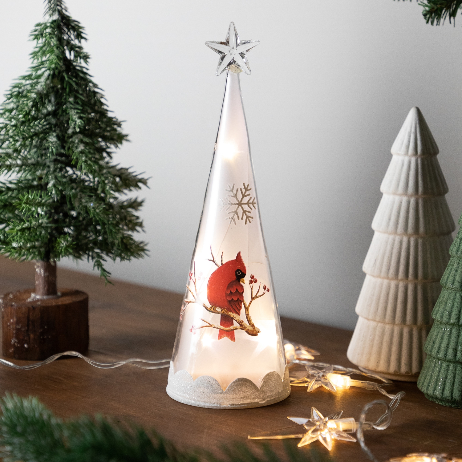 LED Lighted Cardinal and Snowflake Frosted Glass Christmas Cone Tree Decoration - 9.5"