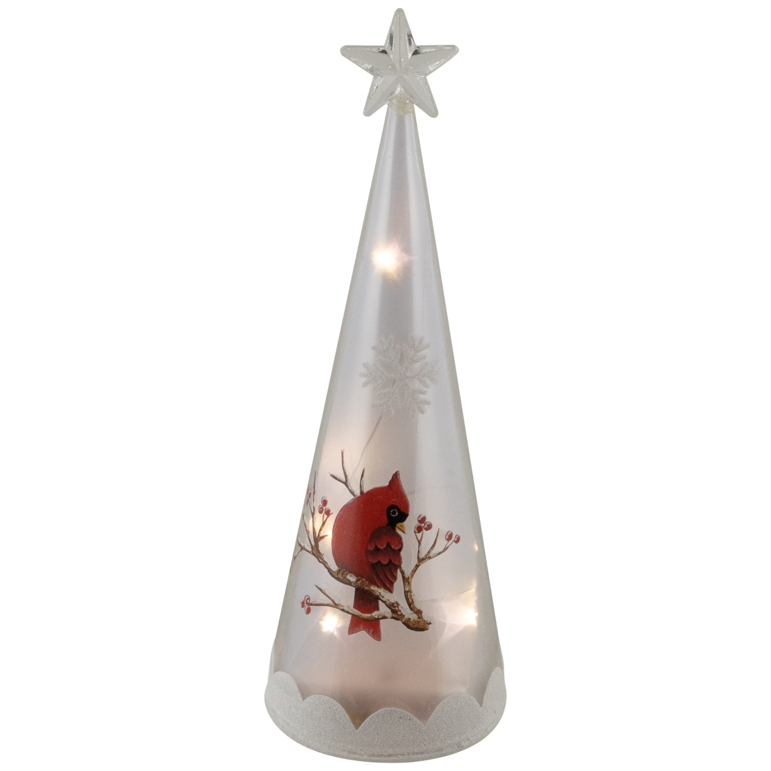 LED Lighted Cardinal and Snowflake Frosted Glass Christmas Cone Tree Decoration - 9.5"