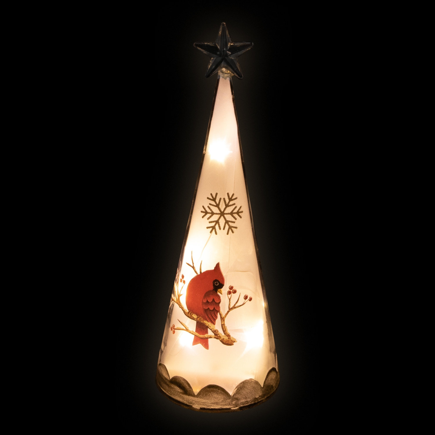 LED Lighted Cardinal and Snowflake Frosted Glass Christmas Cone Tree Decoration - 9.5"