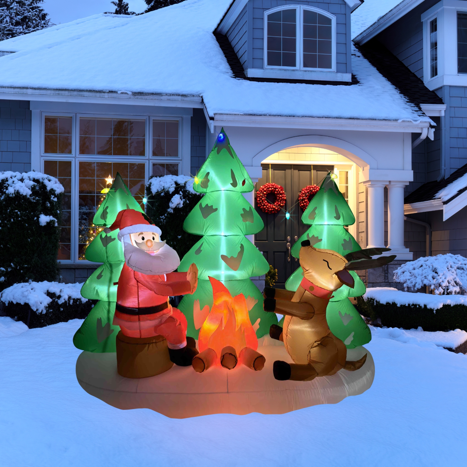 LED Lighted Inflatable Santa and Reindeer Outdoor Christmas Decoration - 8'