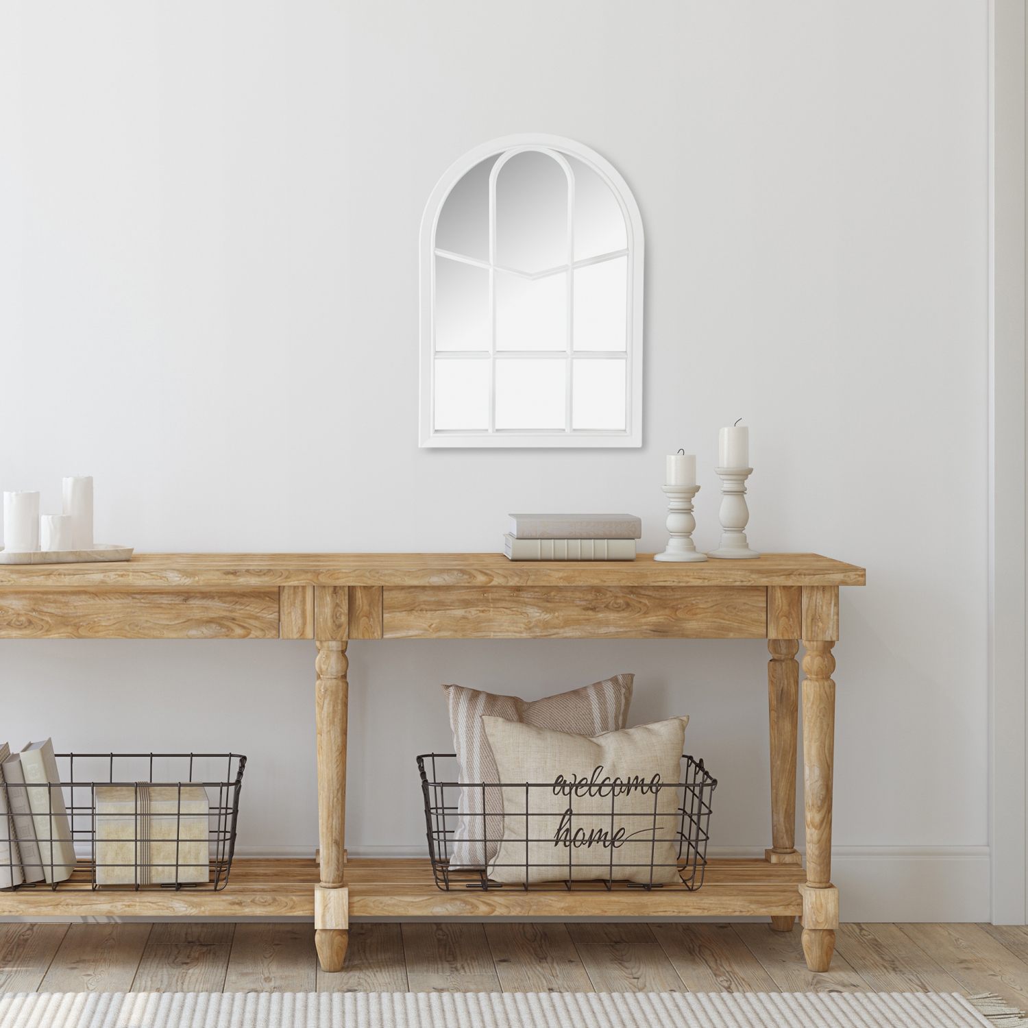 20" White Arched Windowpane Framed Wall Mirror