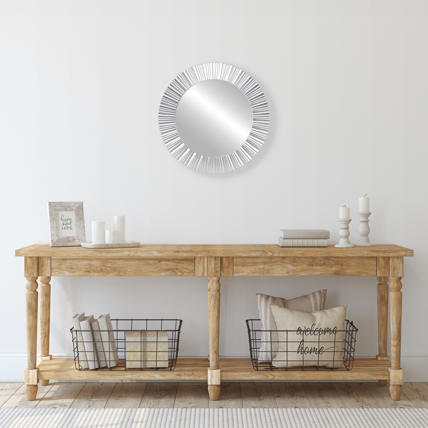 Contemporary Fluted Round Wall Mirror - 20" - Silver Finish