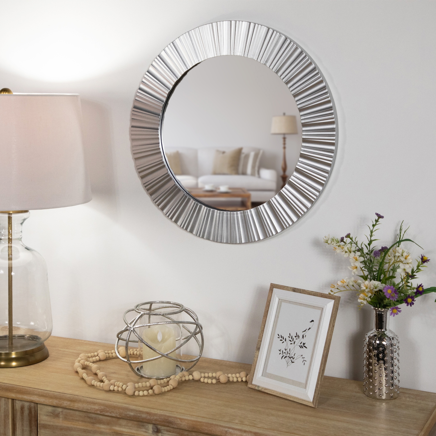 Contemporary Fluted Round Wall Mirror - 20" - Silver Finish