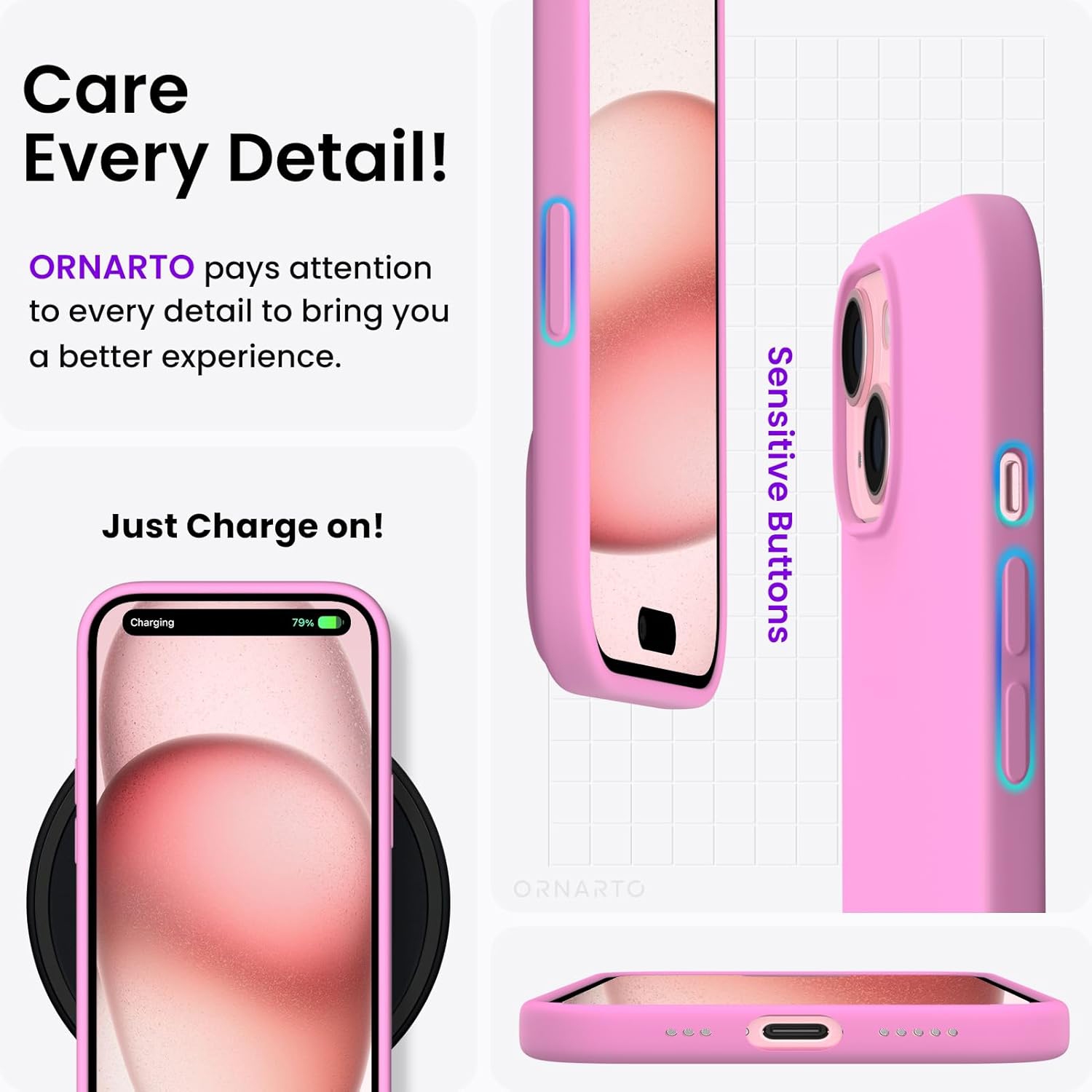 ORNARTO Compatible with iPhone 15 Case, Slim Liquid Silicone 3 Layers Full Covered Soft Gel Rubber Phone Case Protective Cover with Microfiber Lining