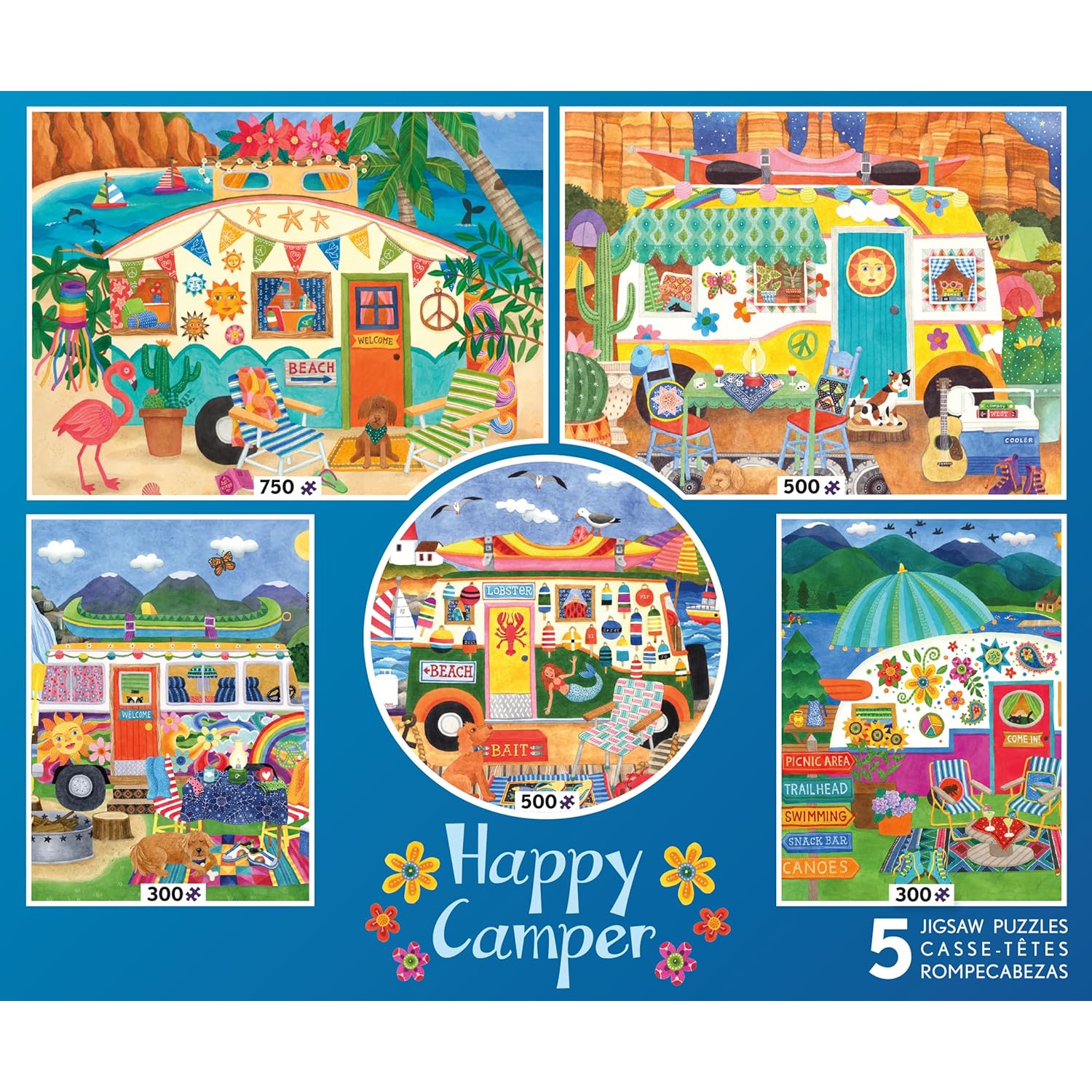 Ceaco - 5 in 1 Multipack - Happy Camper - 300 Piece, (2) 500 Piece, (1) 750 Piece Jigsaw Puzzles