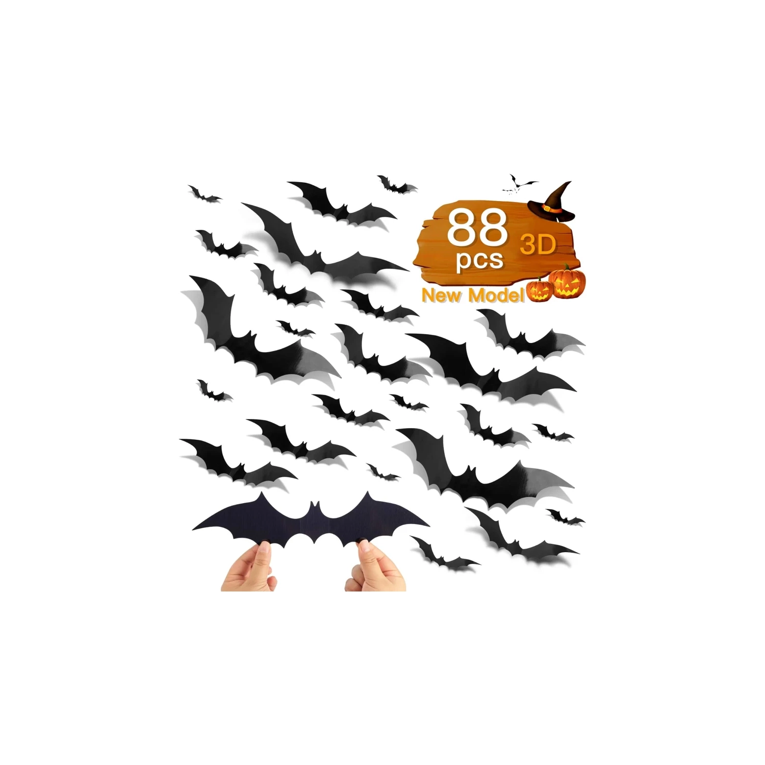 88 Pcs 3D Bats Halloween Decoration Set | 4 Sizes PVC Bat Stickers for Wall, Party, and Halloween Decor | Includes 140 Adhesive Pieces