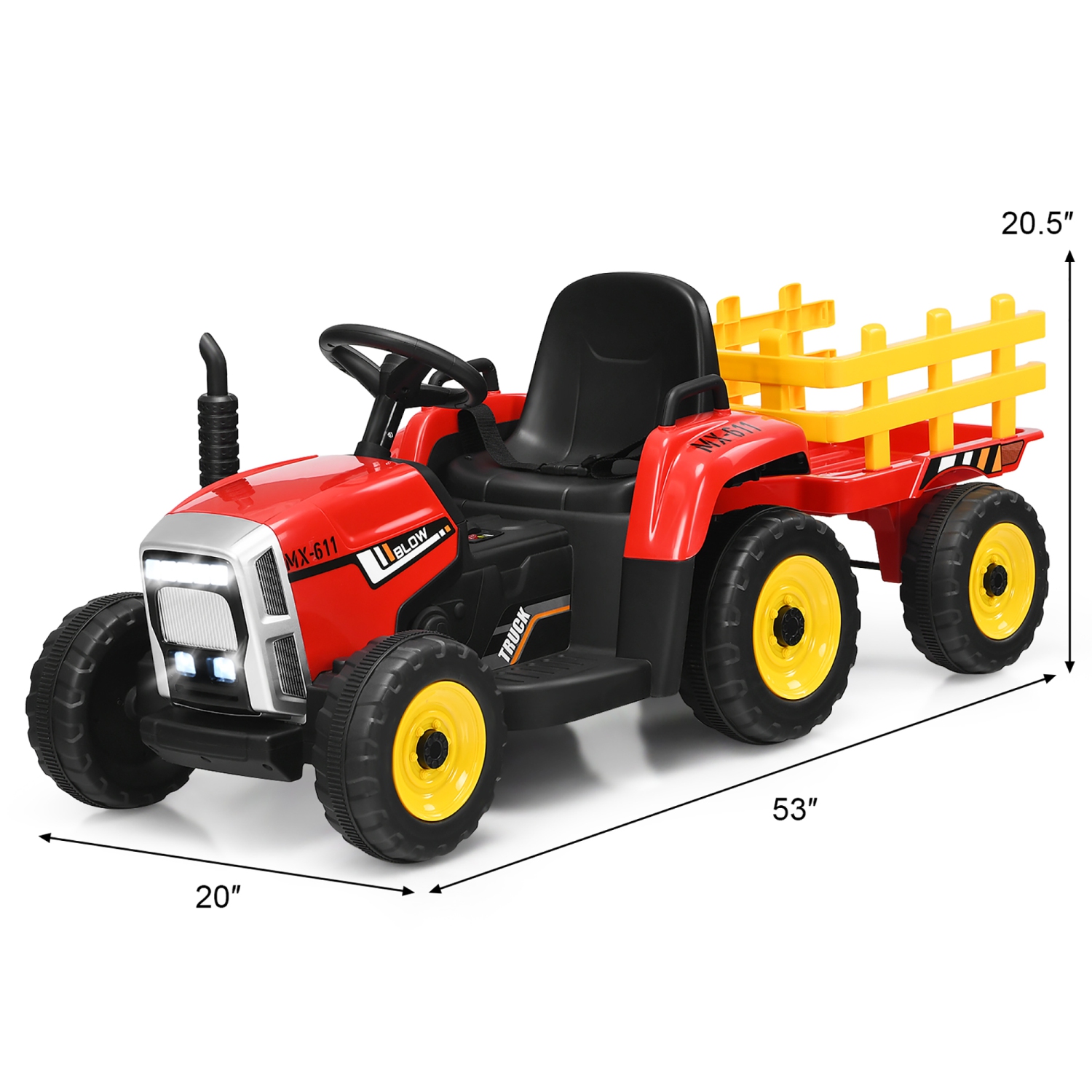 Costway Ride On Tractor with Trailer, Toddler 3-Gear-Shift Ground Loader, LED Lights, Horn, Music, 12V Battery Powered Electric Toy Tractor with