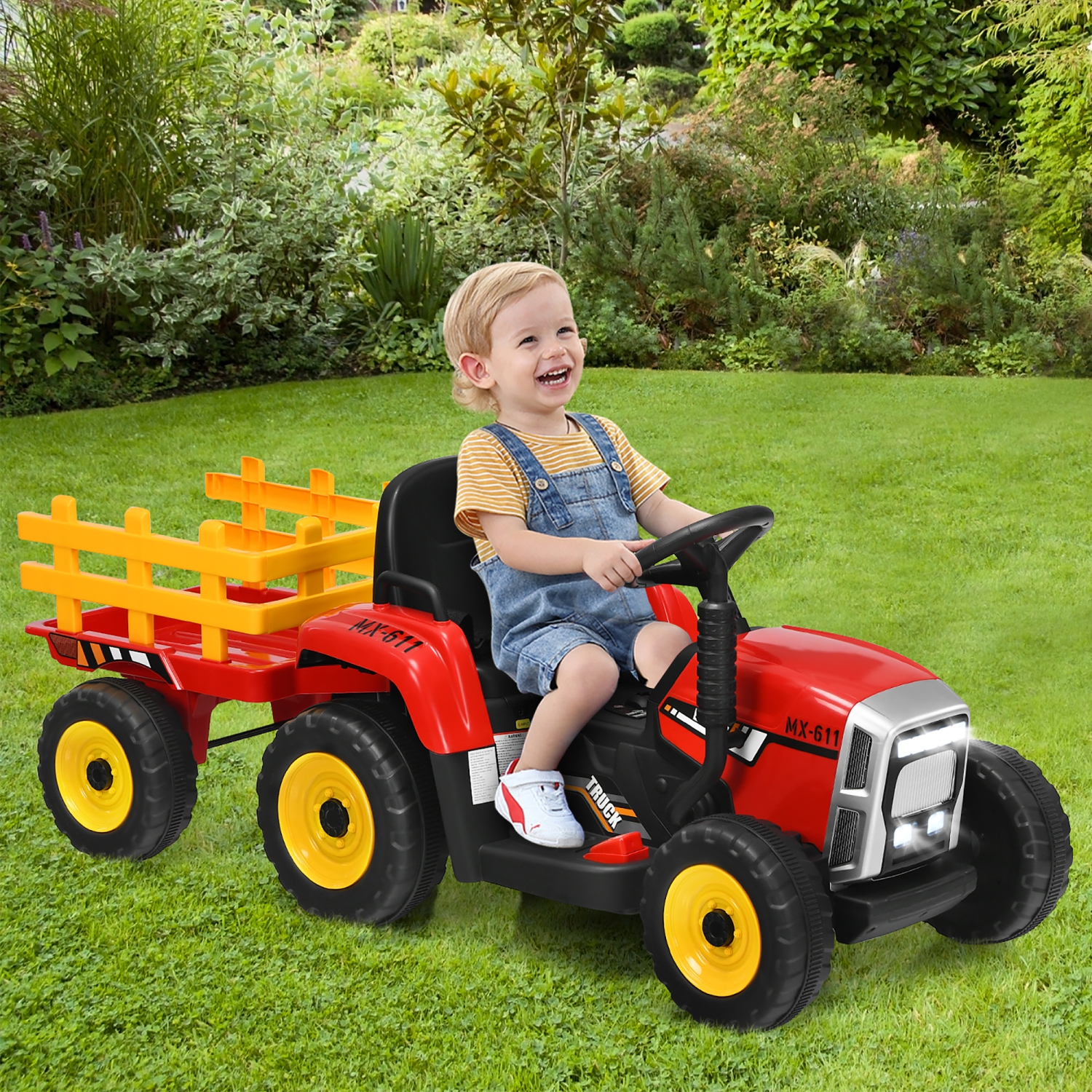 Costway Ride On Tractor with Trailer, Toddler 3-Gear-Shift Ground Loader, LED Lights, Horn, Music, 12V Battery Powered Electric Toy Tractor with