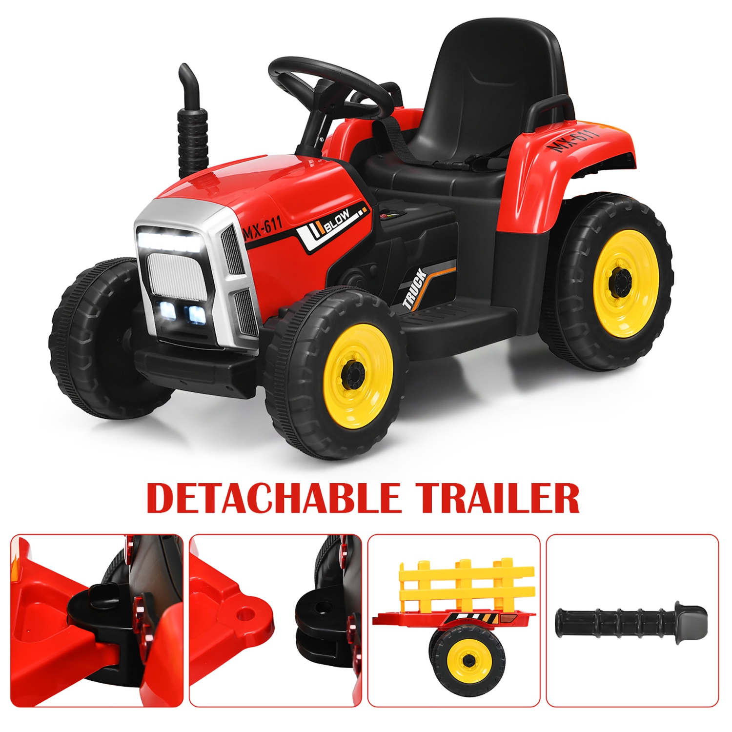 Costway Ride On Tractor with Trailer, Toddler 3-Gear-Shift Ground Loader, LED Lights, Horn, Music, 12V Battery Powered Electric Toy Tractor with
