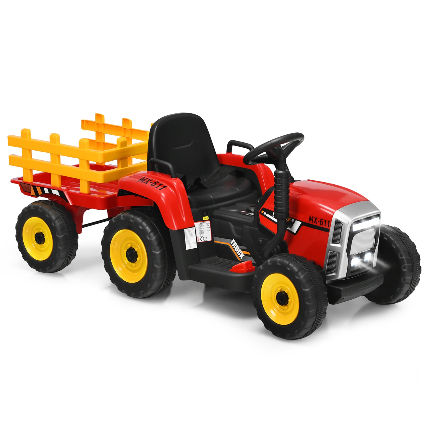 Costway Ride On Tractor with Trailer, Toddler 3-Gear-Shift Ground Loader, LED Lights, Horn, Music, 12V Battery Powered Electric Toy Tractor with