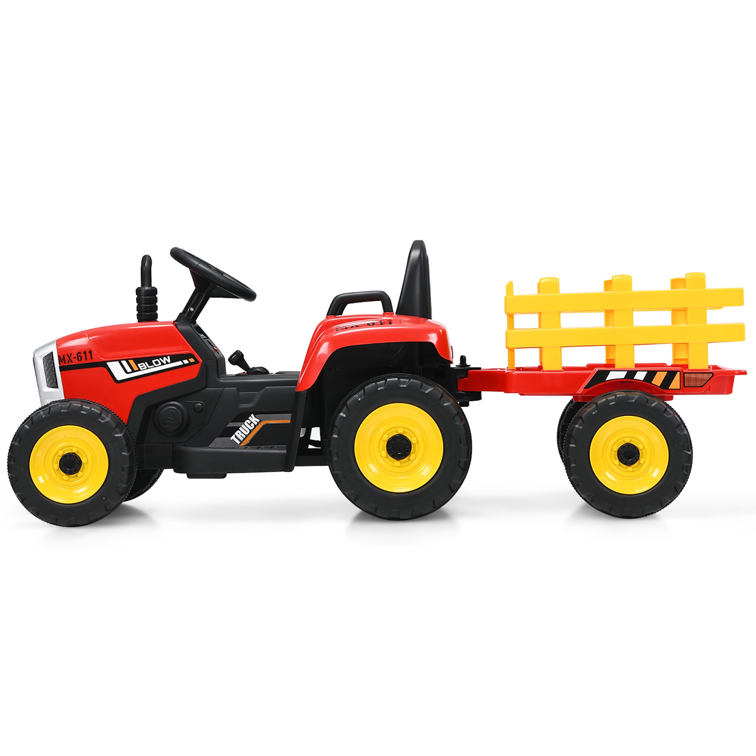 Costway Ride On Tractor with Trailer, Toddler 3-Gear-Shift Ground Loader, LED Lights, Horn, Music, 12V Battery Powered Electric Toy Tractor with