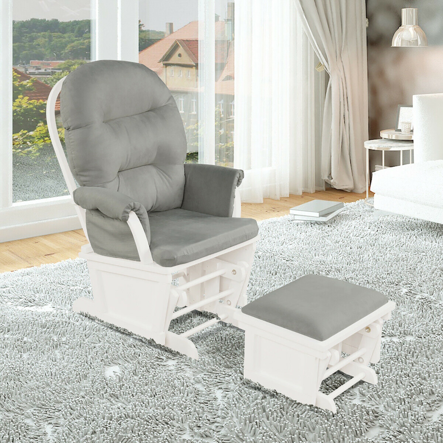 Costway Baby Glider and Ottoman Cushion Set, Wood Baby Rocker Nursery Furniture, Upholstered Comfort Nursery Chair w/Padded Armrests & Detachable
