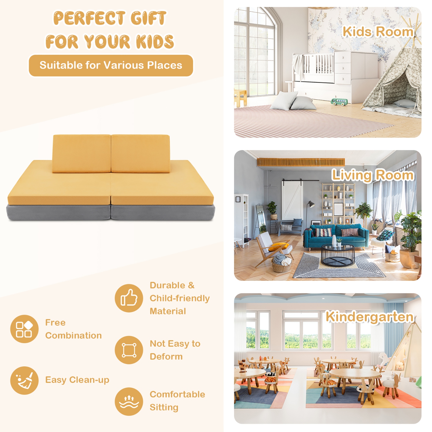 Costway Kids Couch, 4-Piece Convertible Children's Sofa Playset or 2 Chair w/Folding Mats & 2 Pillows, Washable Cover, Toddler to Teen Bedroom