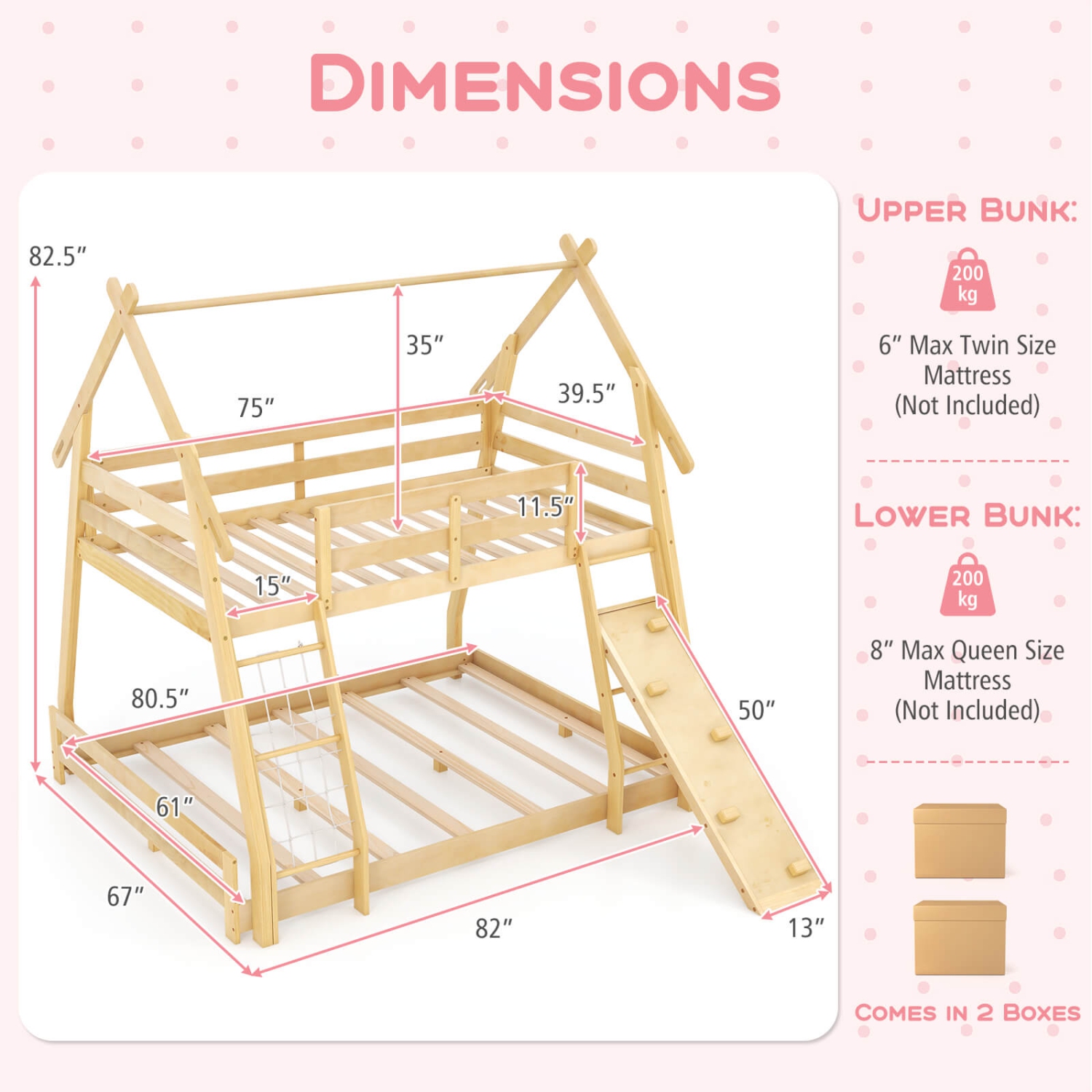 Costway Twin Over Queen Bunk Bed House Shaped Bed Frame with Climbing Nets and Ramp