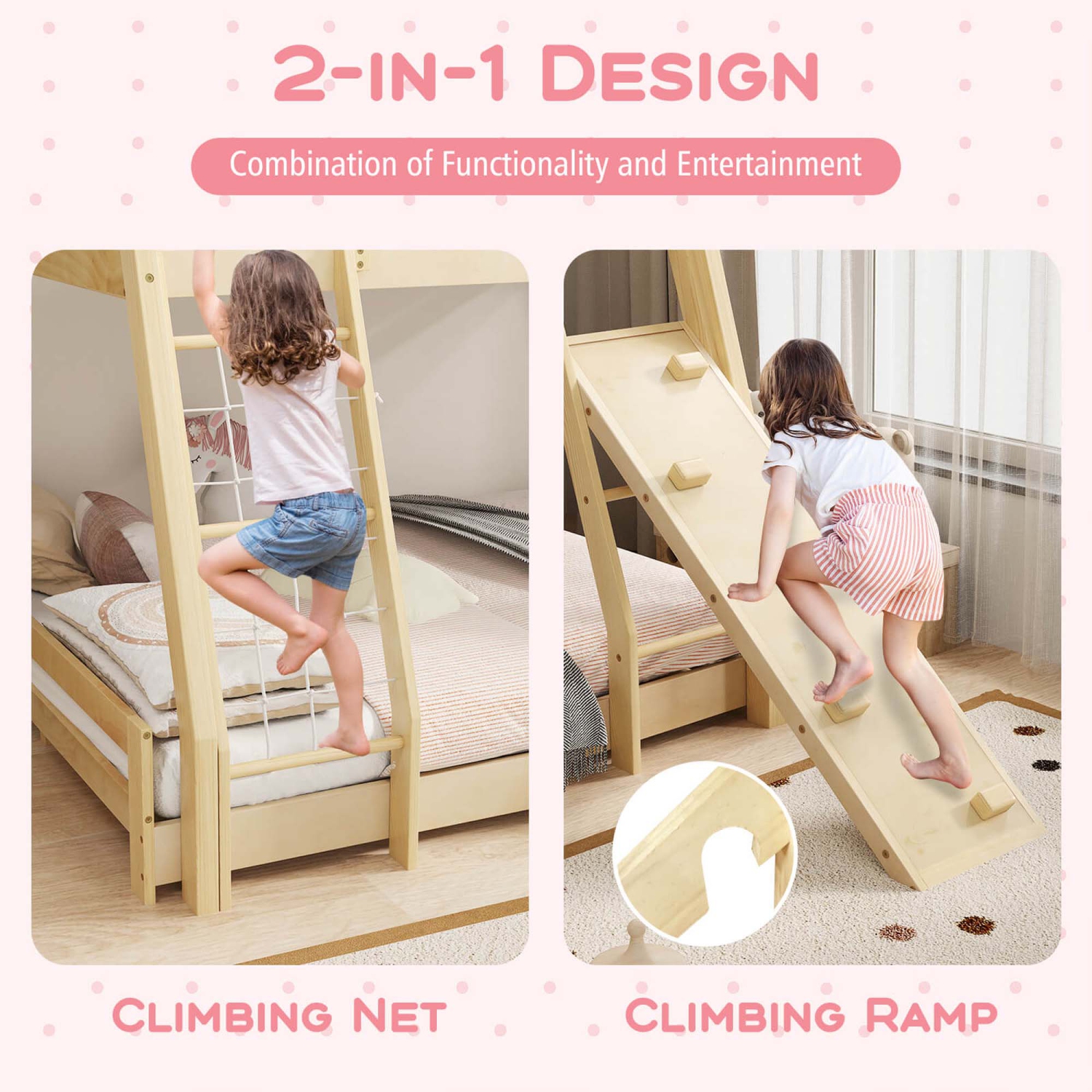 Costway Twin Over Queen Bunk Bed House Shaped Bed Frame with Climbing Nets and Ramp