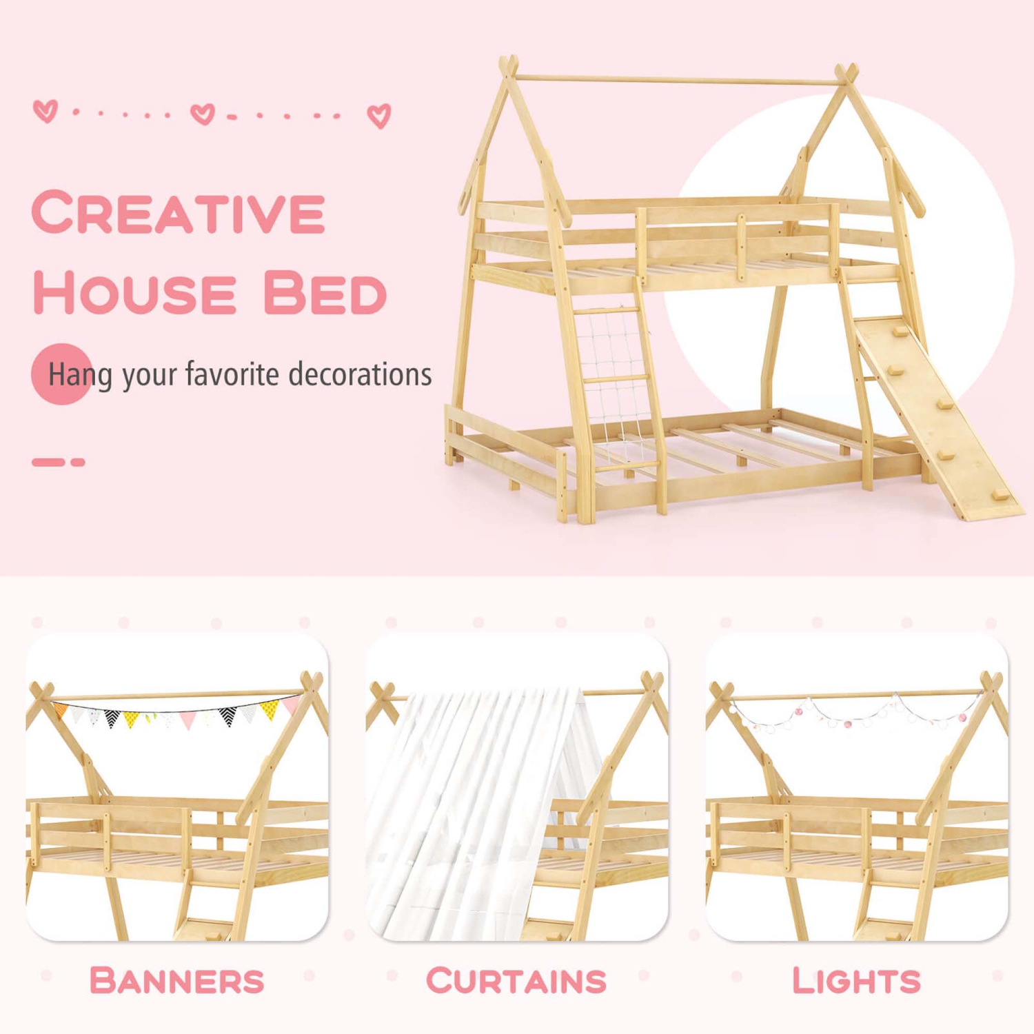 Costway Twin Over Queen Bunk Bed House Shaped Bed Frame with Climbing Nets and Ramp