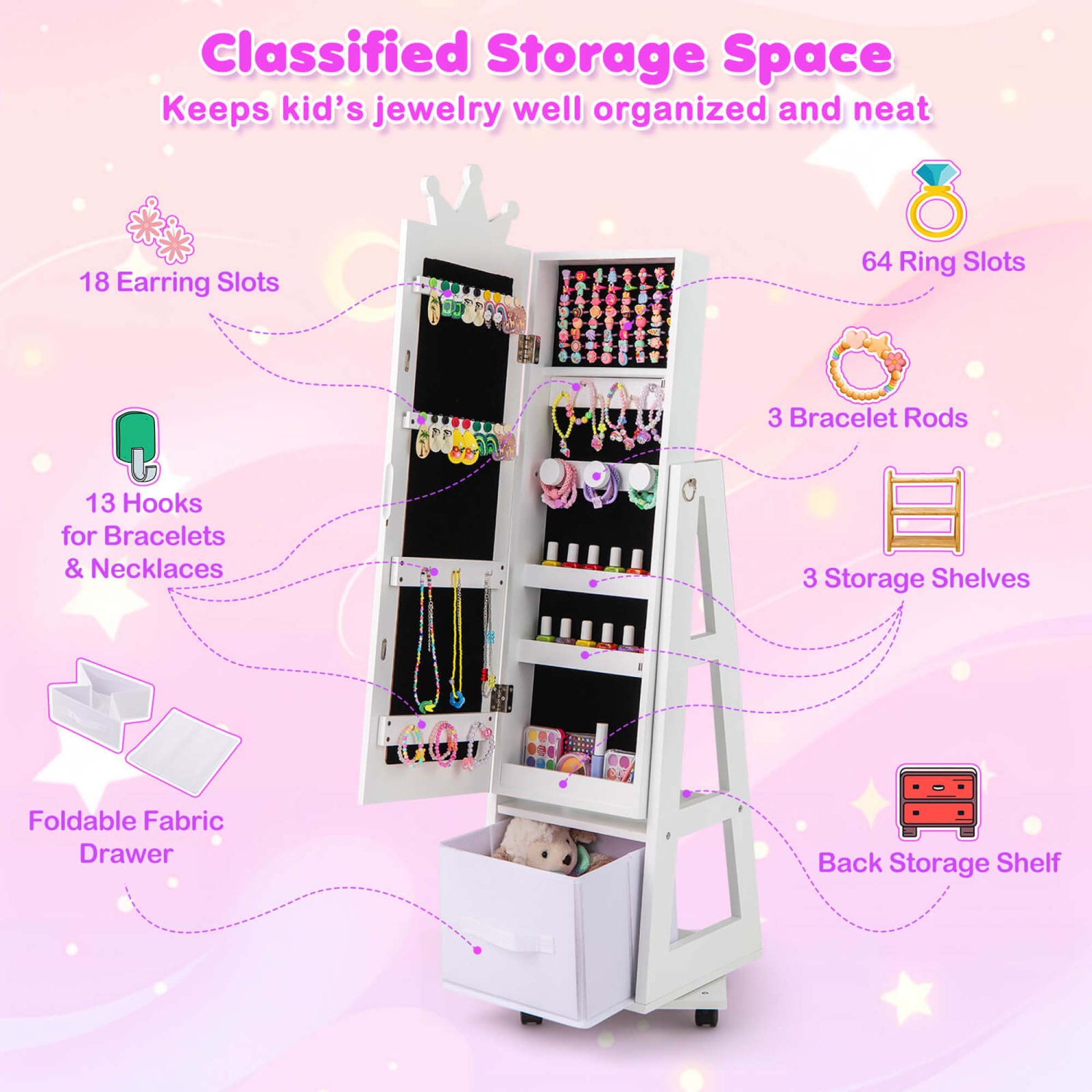 Armoire à bijoux pour enfants de Costway avec tiroir pliable pleine longueur et système antibasculement