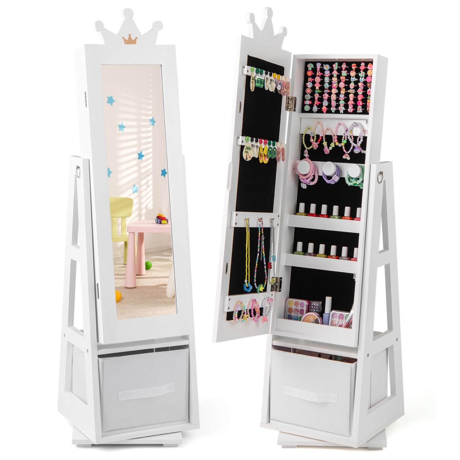 Costway Kids Jewelry Cabinet with Full-Length Mirror Foldable Drawer Anti-toppling System