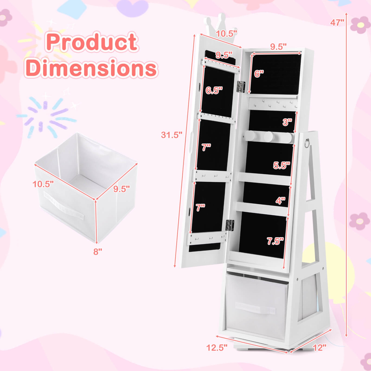 Costway Kids Jewelry Cabinet with Full-Length Mirror Foldable Drawer Anti-toppling System