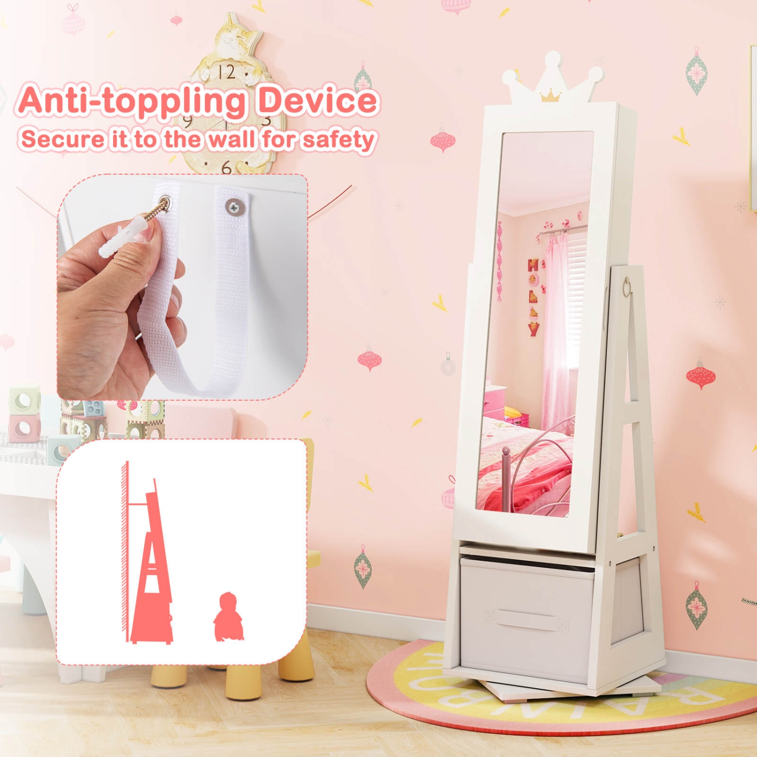 Costway Kids Jewelry Cabinet with Full-Length Mirror Foldable Drawer Anti-toppling System