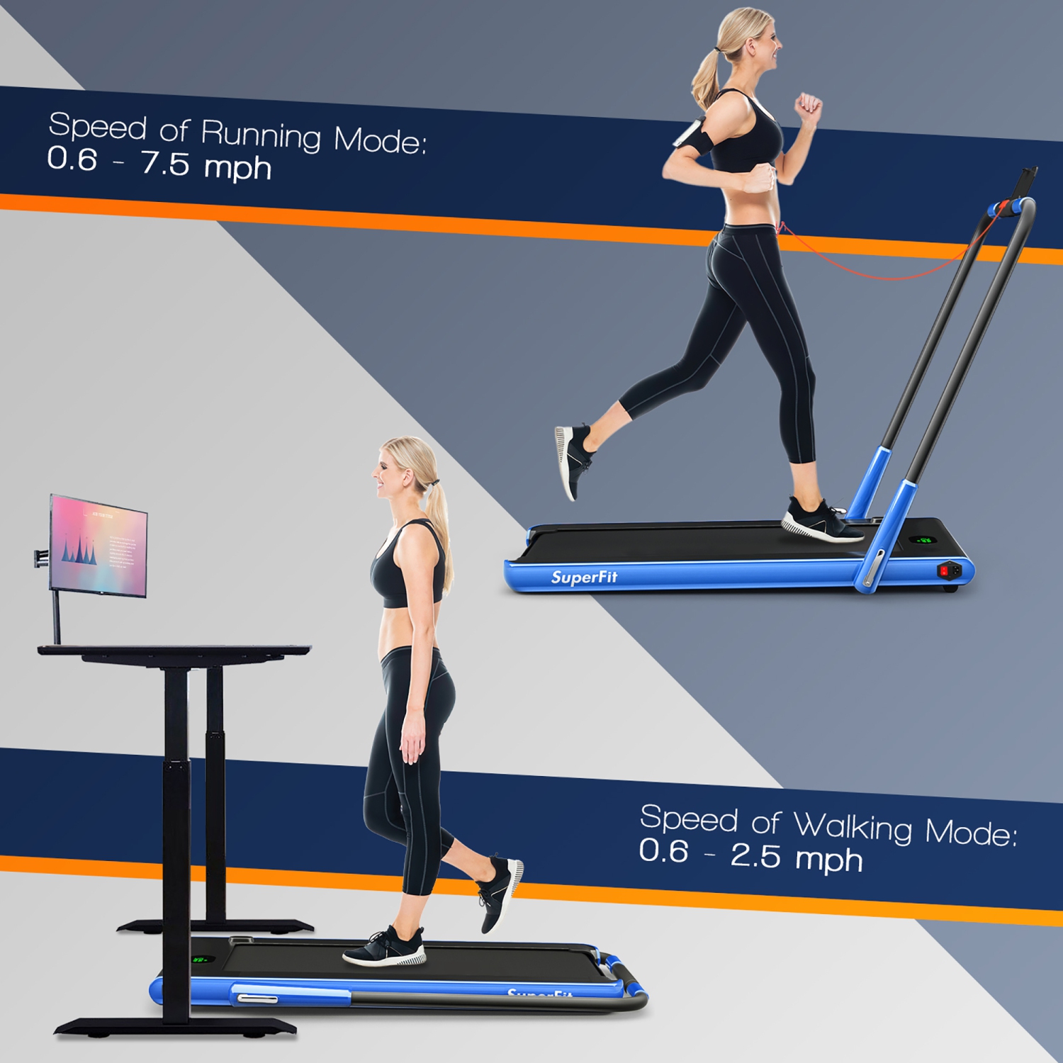 SuperFit 2 in 1 Folding Treadmill, 2.25HP Under Desk Electric Superfit Treadmill, Installation-Free with APP Control, Remote Control, Bluetooth