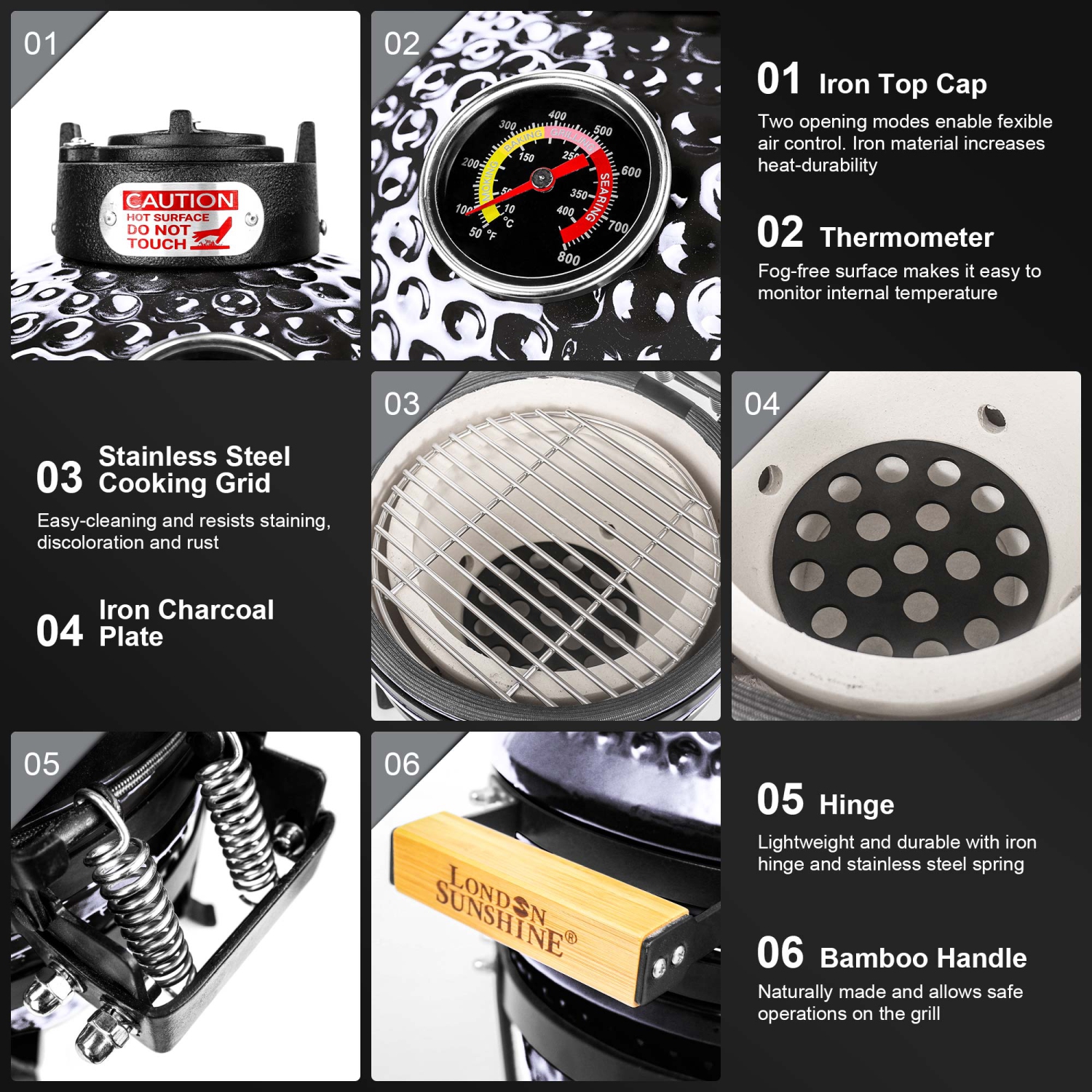 London Sunshine Ceramic BBQ Charcoal Kamado Grill 13 inch Portable Tabletop BBQ Bright Gray