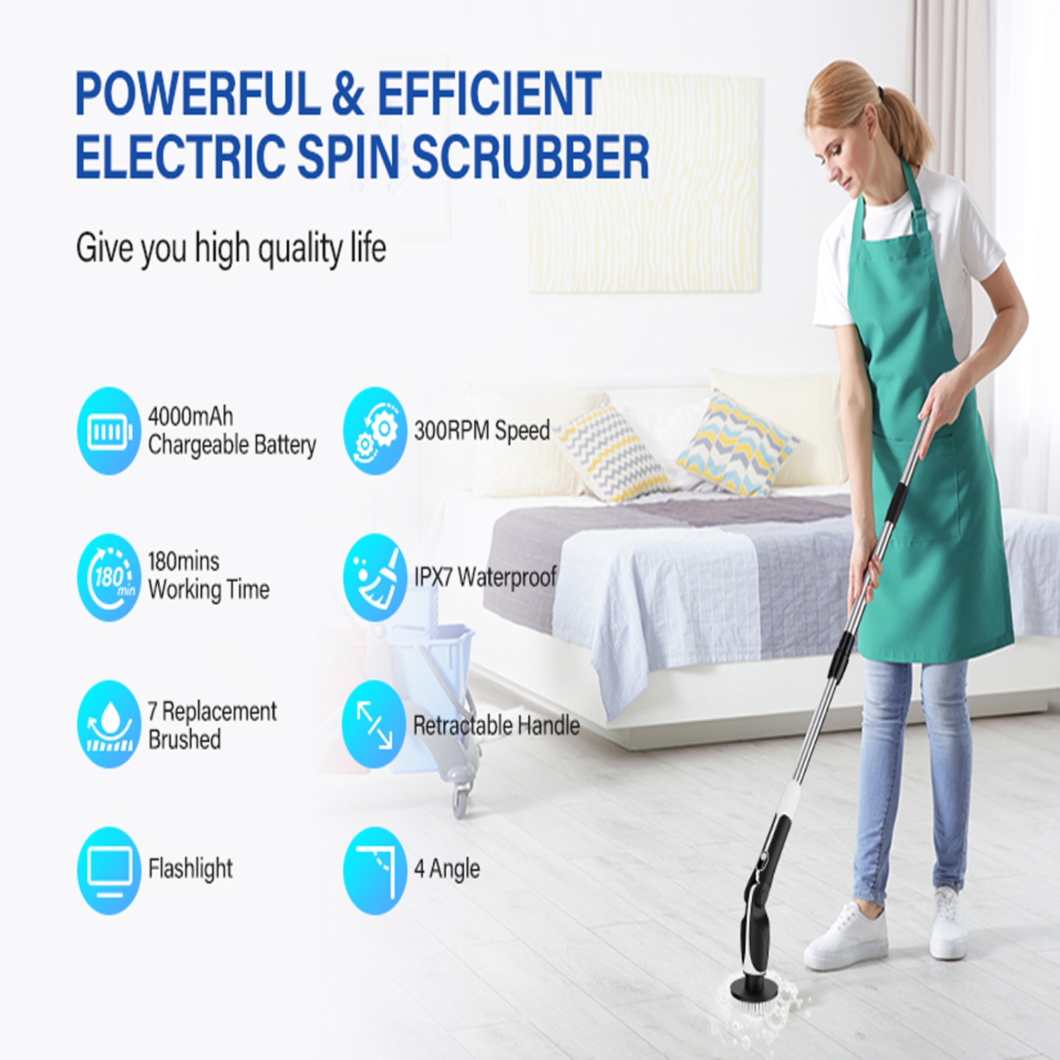 Paucax Electric&nbsp;Spin&nbsp;Scrubber Upgrade&nbsp;Cordless&nbsp;Electric Cleaning&nbsp;Brush with 7 Adjustable Cleaning Brush Heads for Bathtub,