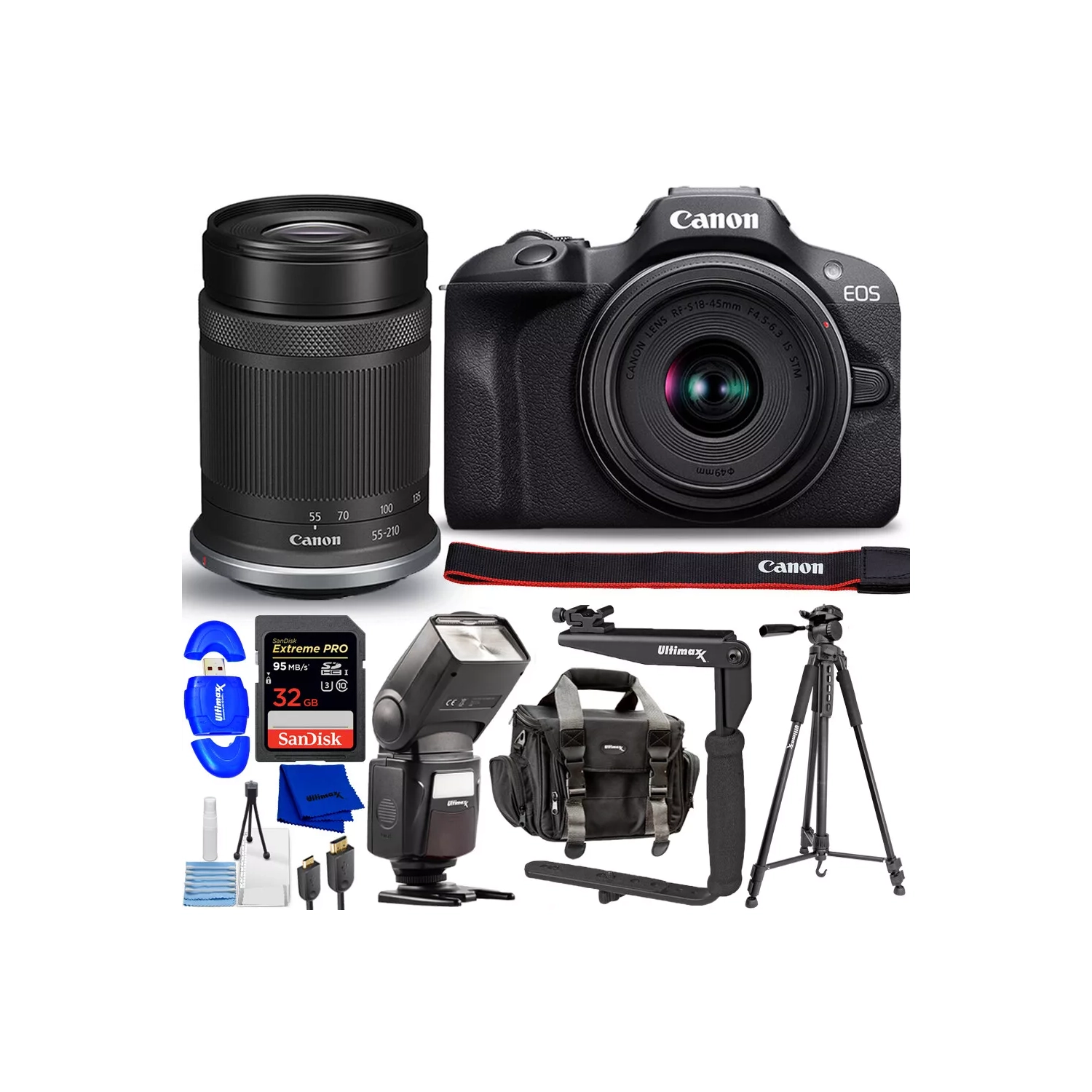 Canon EOS R100 Mirrorless Camera with 18-45mm and 55-210mm Lenses - 10PC Bundle