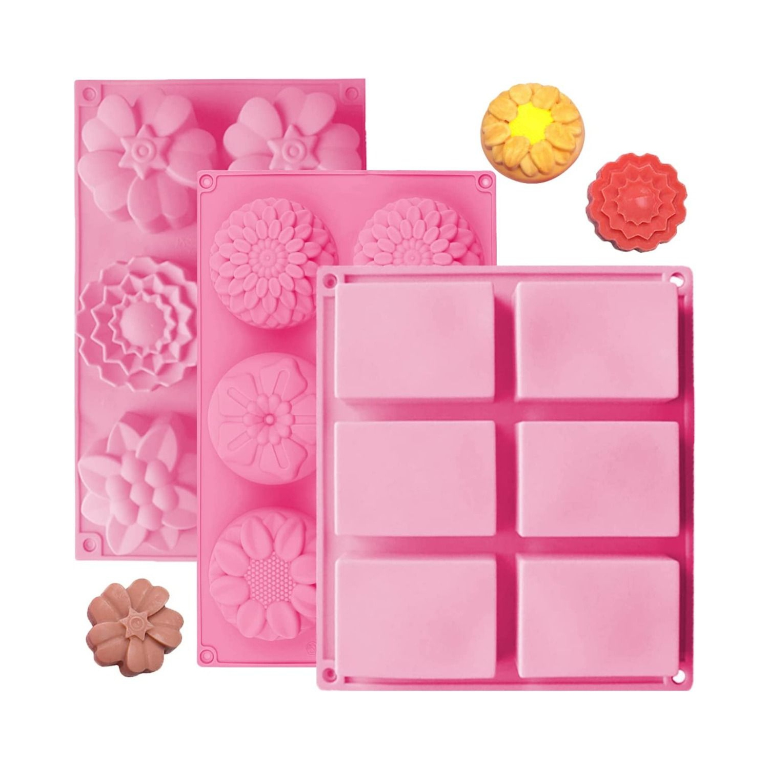 3 Pack Silicone Soap Molds, 6 Cavities Flower Making Mold, Included Rectangle Shape Supplies, Perfect for Handmade Soaps, Homemade