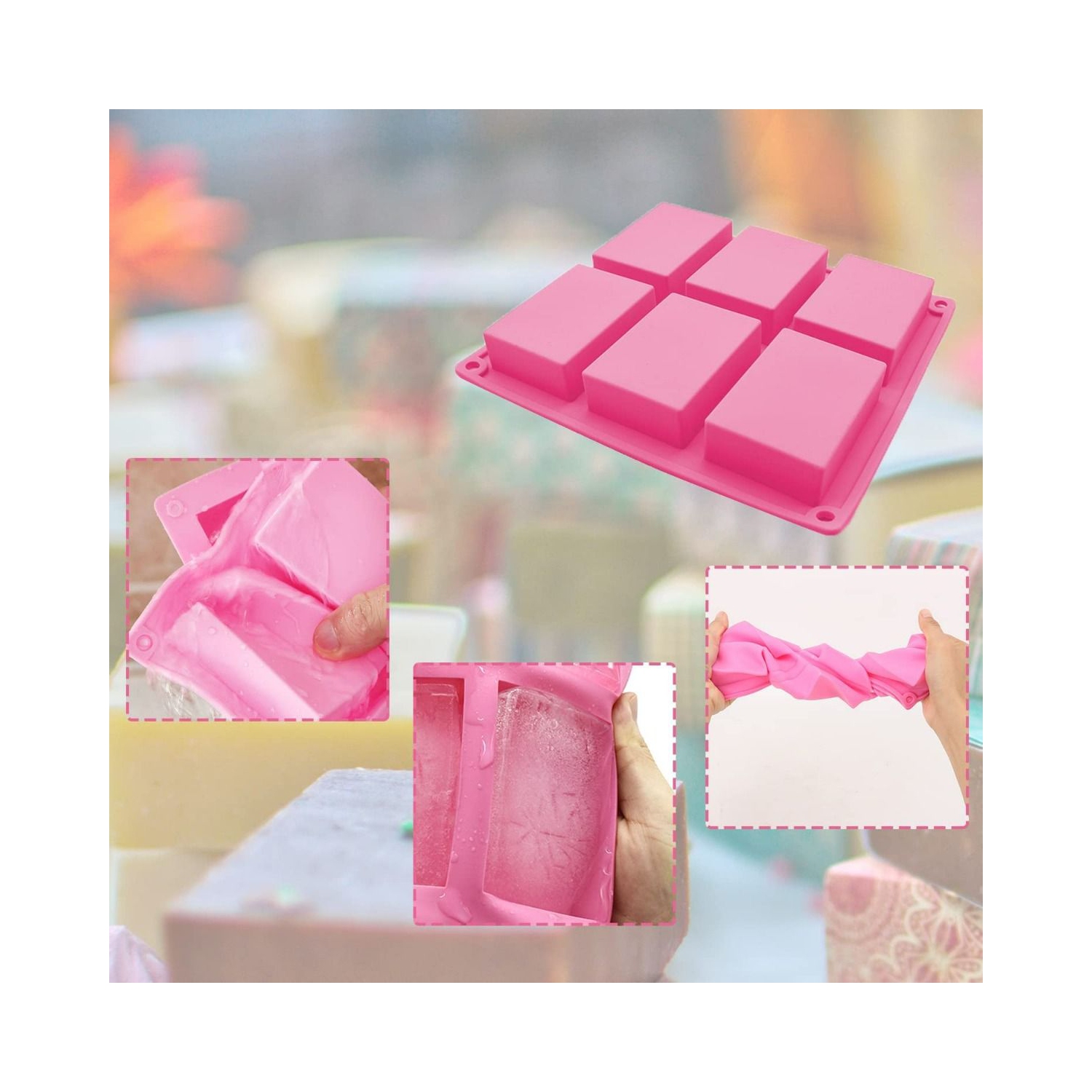 3 Pack Silicone Soap Molds, 6 Cavities Flower Making Mold, Included Rectangle Shape Supplies, Perfect for Handmade Soaps, Homemade