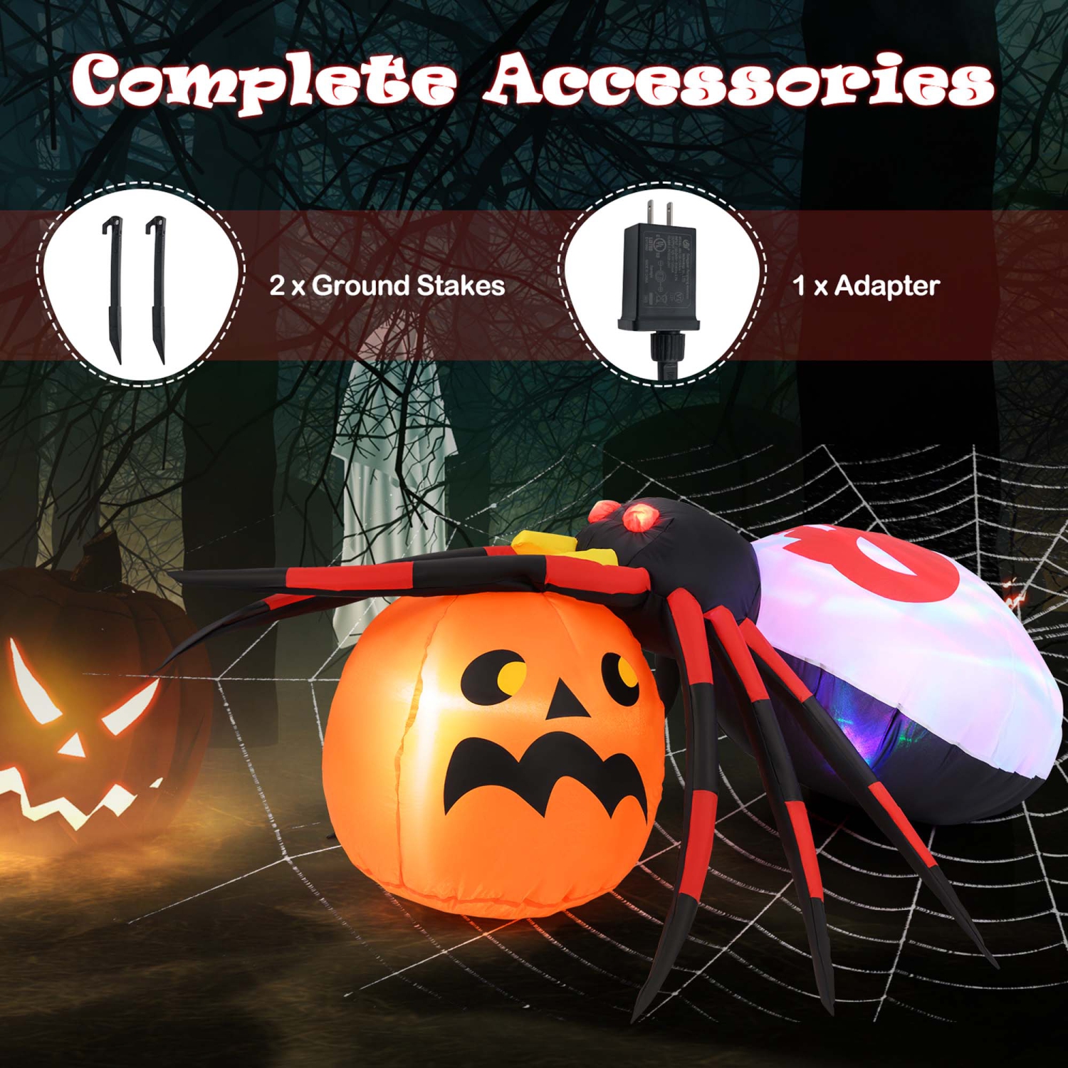 Costway – Spider gonflable 5 x 4,6&nbsp;pi avec décoration d’Halloween lumineuse à DEL citrouille avec lumière rotative colorée