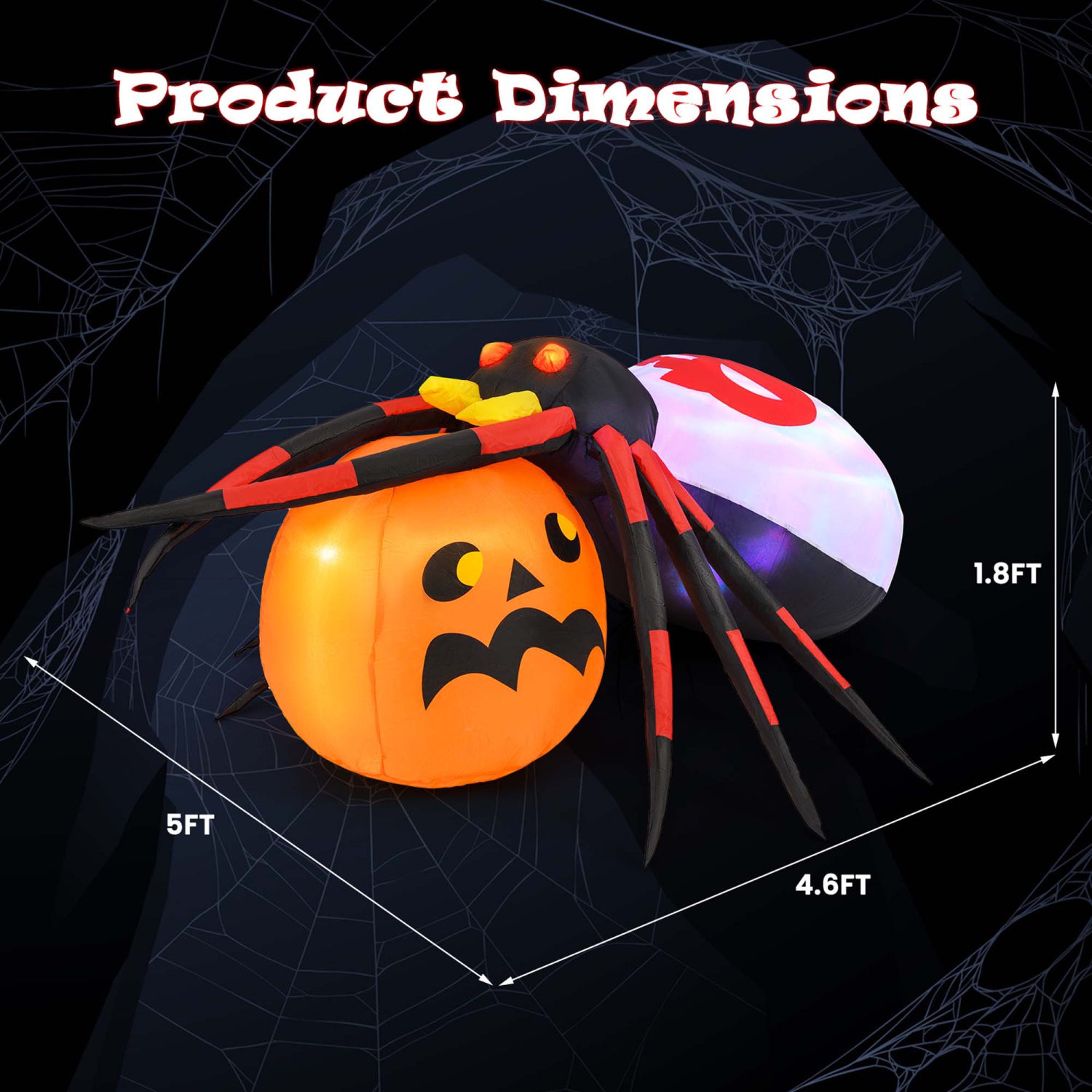 Costway – Spider gonflable 5 x 4,6&nbsp;pi avec décoration d’Halloween lumineuse à DEL citrouille avec lumière rotative colorée