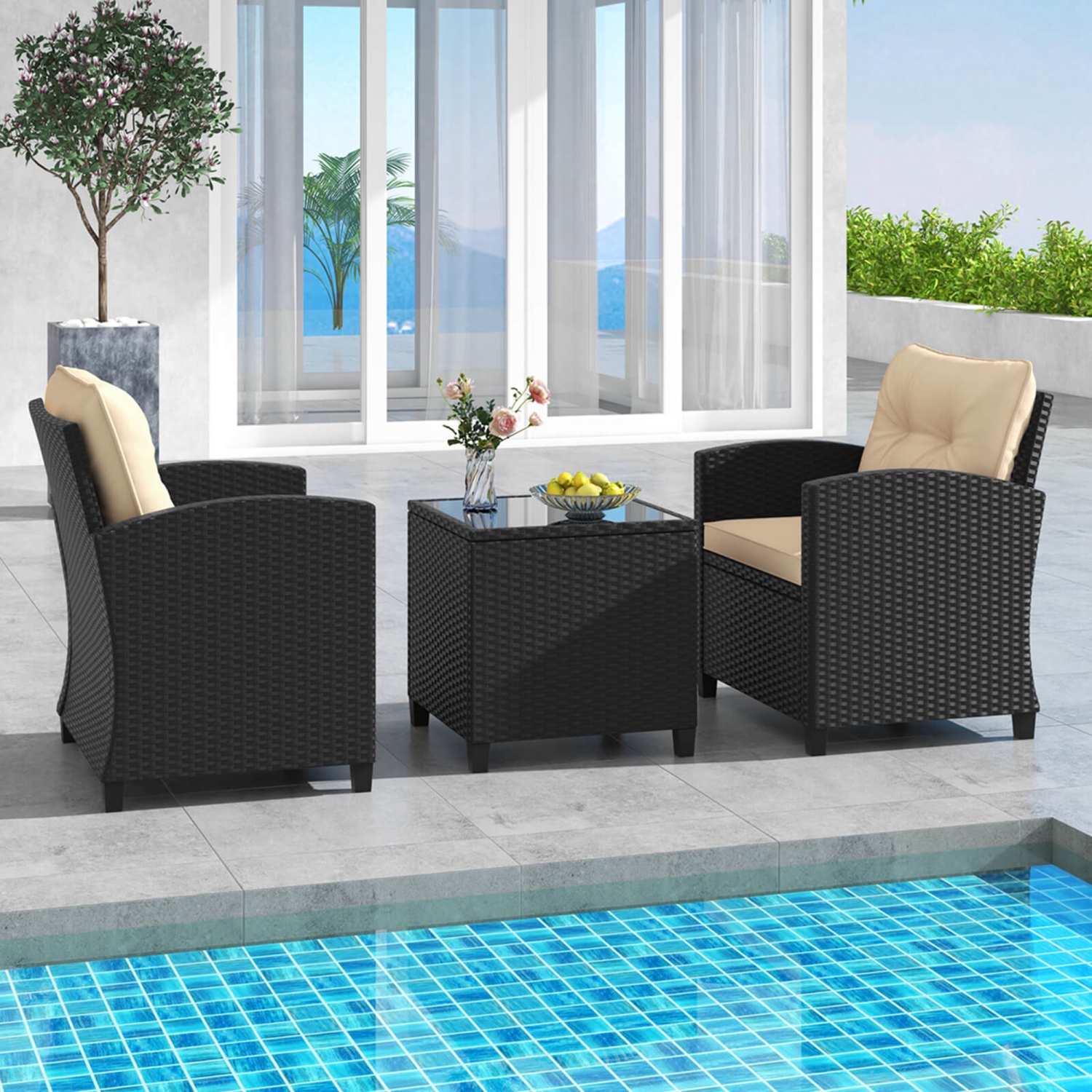 Costway 3 PCS Patio Furniture Set with Tempered Glass Coffee Table Washable Cushions