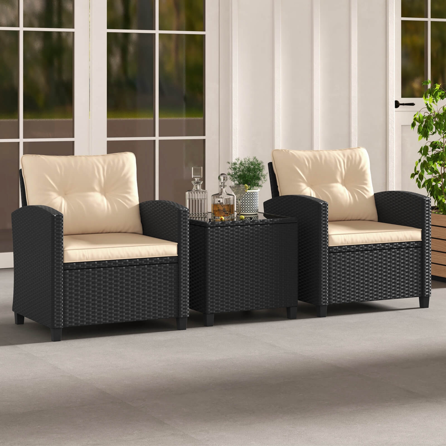 Costway 3 PCS Patio Furniture Set with Tempered Glass Coffee Table Washable Cushions