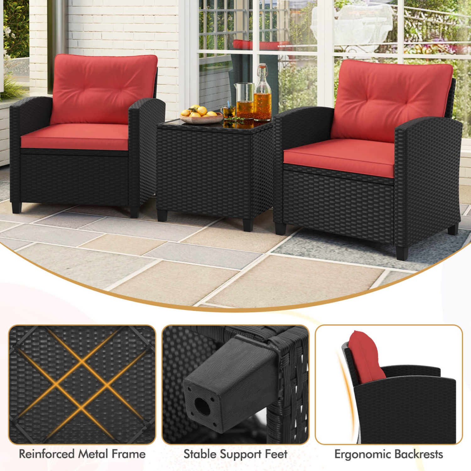 Costway 3 PCS Patio Furniture Set with Tempered Glass Coffee Table Washable Cushions