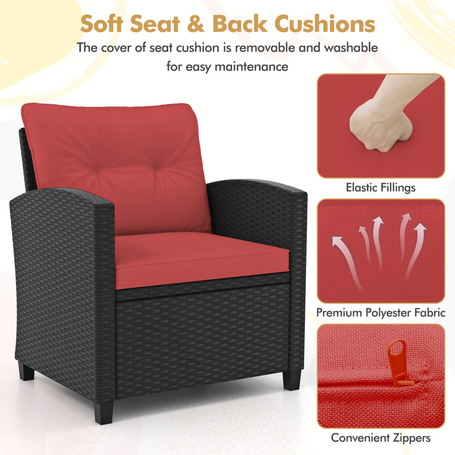 Costway 3 PCS Patio Furniture Set with Tempered Glass Coffee Table Washable Cushions