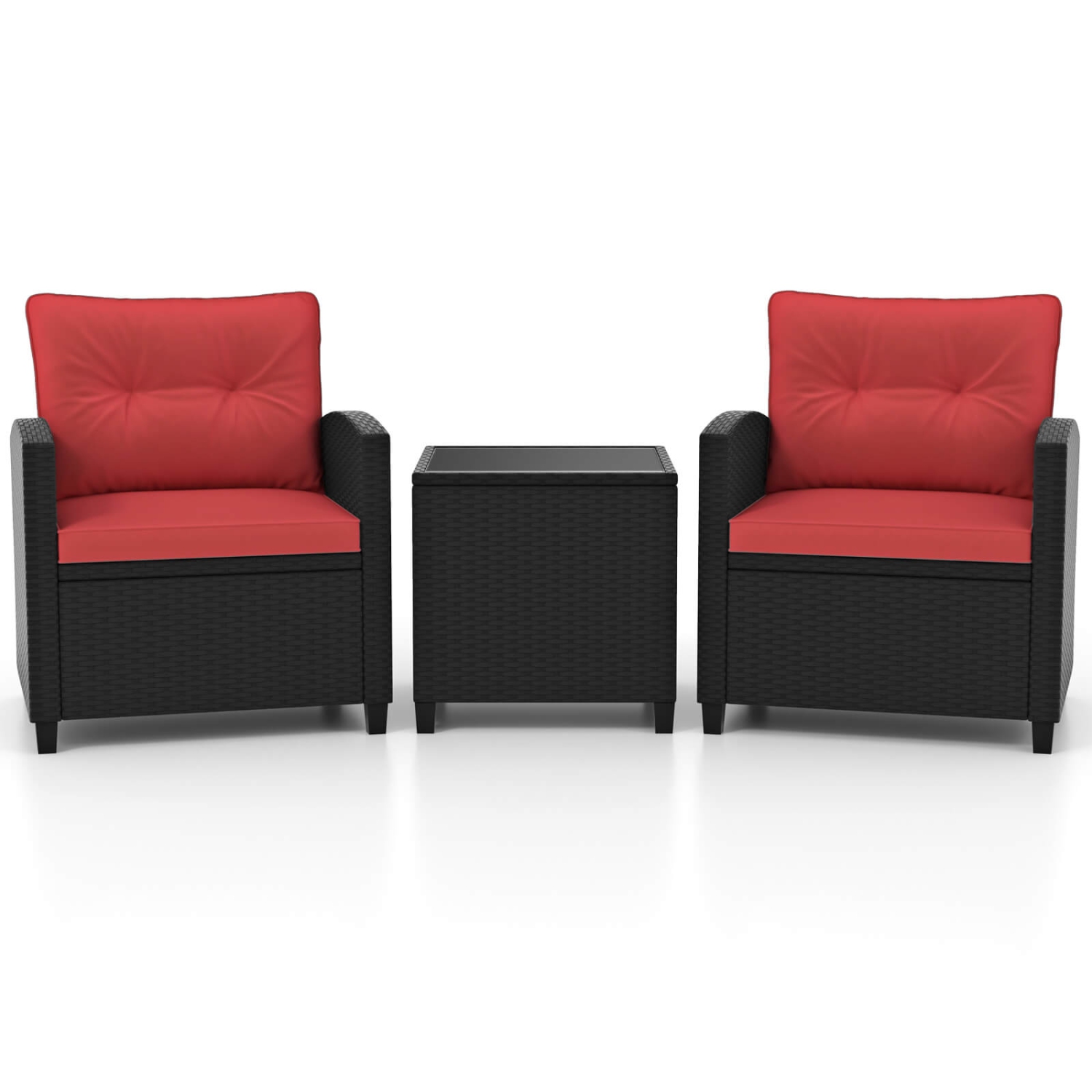 Costway 3 PCS Patio Furniture Set with Tempered Glass Coffee Table Washable Cushions