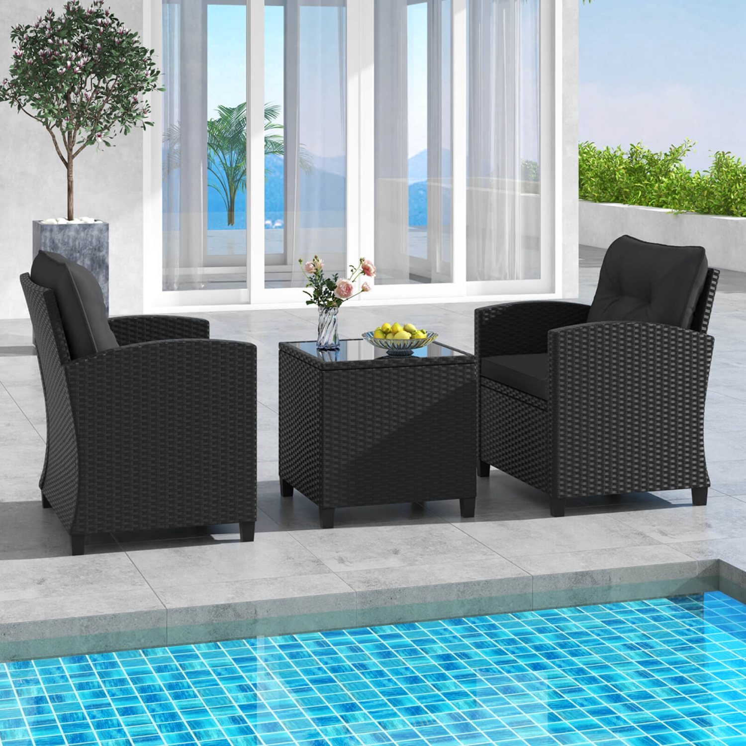 Costway 3 PCS Patio Furniture Set with Tempered Glass Coffee Table Washable Cushions