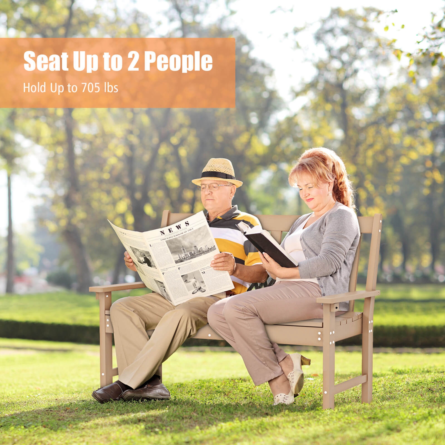Banc de jardin de Costway en PEHD résistant aux intempéries banc d'extérieur pour 2 personnes pour entrée avant arrière naturel
